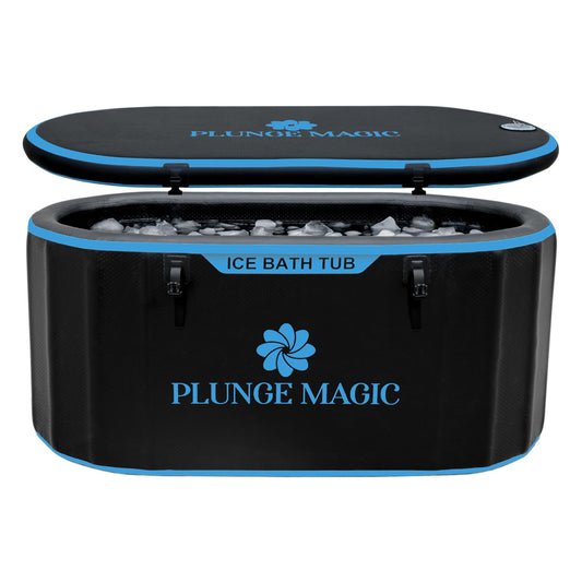 PLUNGE MAGIC Ultimate Cold Plunge Tub Inflatable Ice Bath Tub With Cover for Athletes Portable & XXL Size Black, Water Chiller Compatible (Black-Elongated)