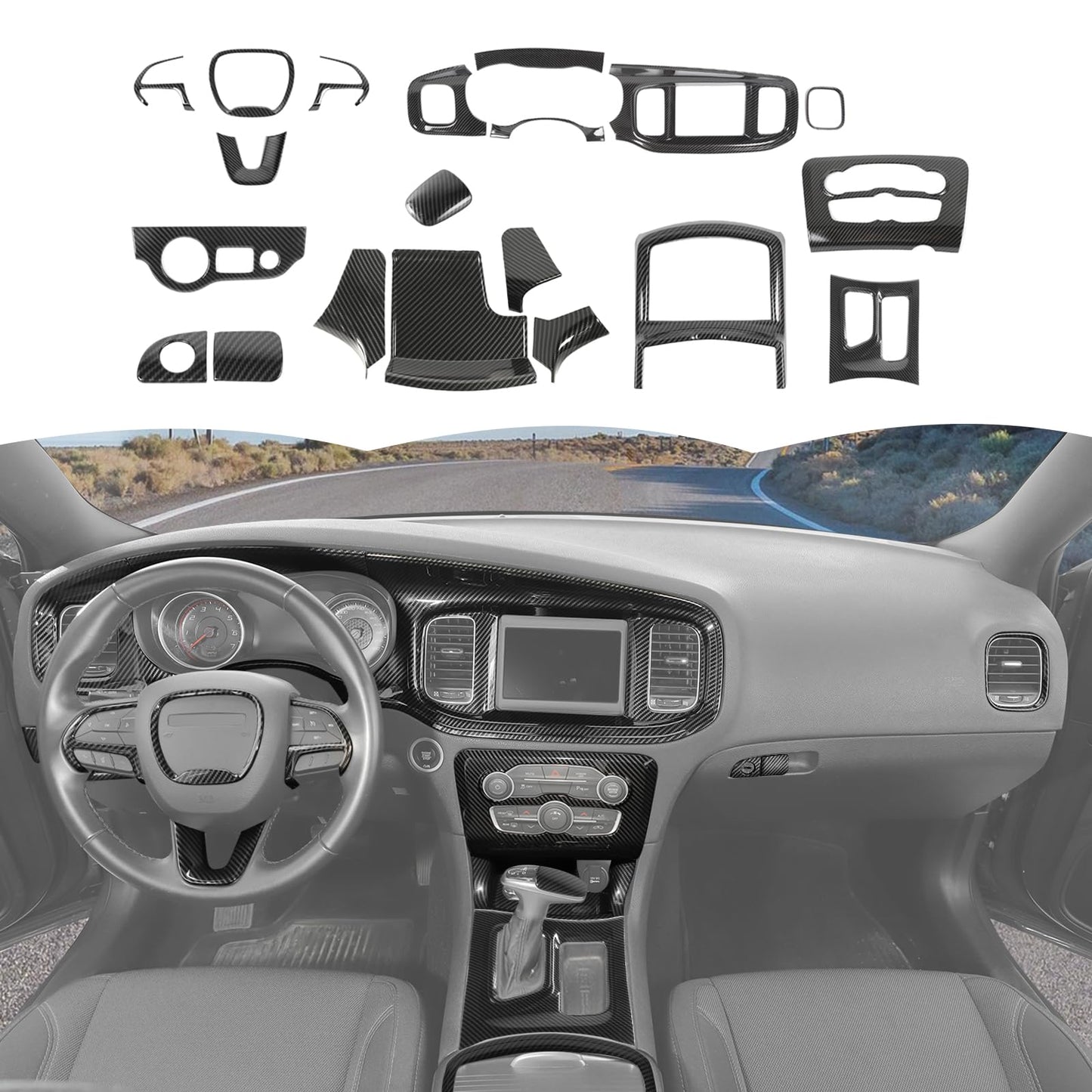 RT-TCZ Carbon Fiber Interior Trim Kit Cover Center Console Decoration Accessories for Dodge Charger 2015-2025,20PCS