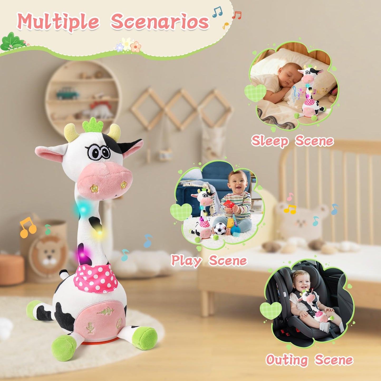LLUKEME Cute Dancing Cow Interactive Plush Toy with Wiggling Neck | LED Lights | Voice Record & Repeat | 10 Children’s Songs | Funny Toy for Boys Girls Age 1-3