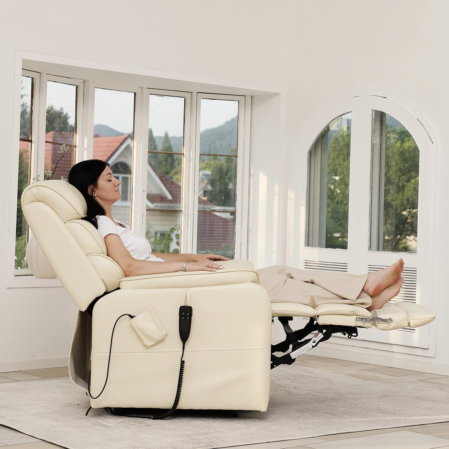 DYNOX 350 LBS Tall Man Power Dual Motor Lift Recliners Chairs for Elderly Lay Flat Lift Chair with Infinite Positions, Heat & Massage, Supports(9198L,Faux Leather,Cream)