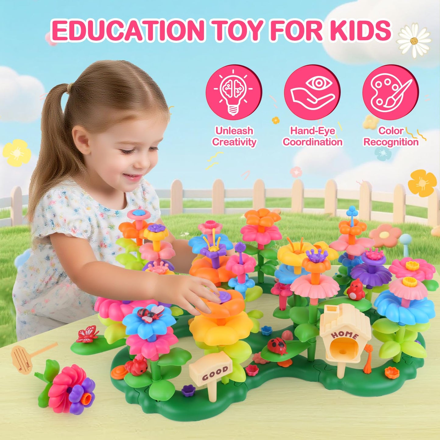 Gaitel Flower Garden Building Toys for 3-7 Year Old Girls - Best Birthday Gifts for Toddler Ages 3-5 5-7, Educational Kit with 120+ Pieces, Stacking Pretend Play Set for Preschool Kids