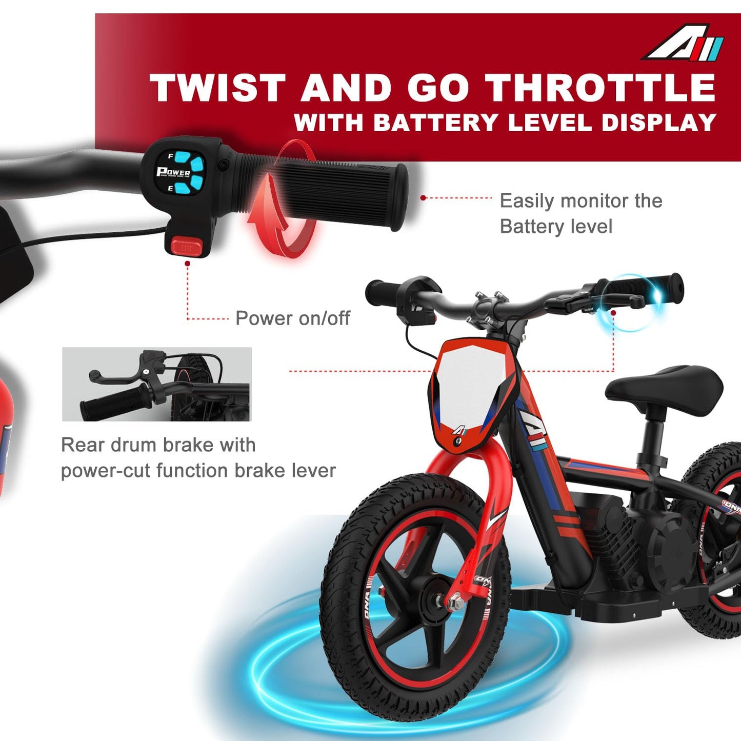 AIII Lightweight Electric Motorcycle for Kids, 150W Up to 10MPH, 24V Detachable Battery, Dual Brakes Electric Balance Bike for Ages 3-6
