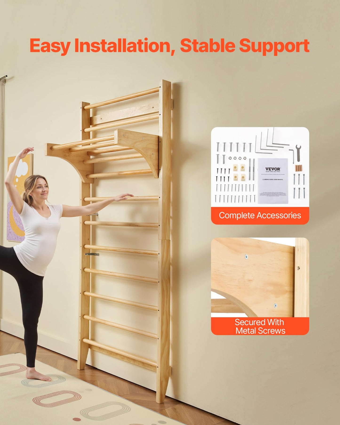 VEVOR Swedish Ladder Wall Gym, 10-Level Solid Wood Indoor Jungle Gym, 220lbs Loading Indoor Playground Climbing Ladder for Kid Adults, Gymnastic Stall Bars with Pull-Up Bar - Ideal Gift for Boys Girls