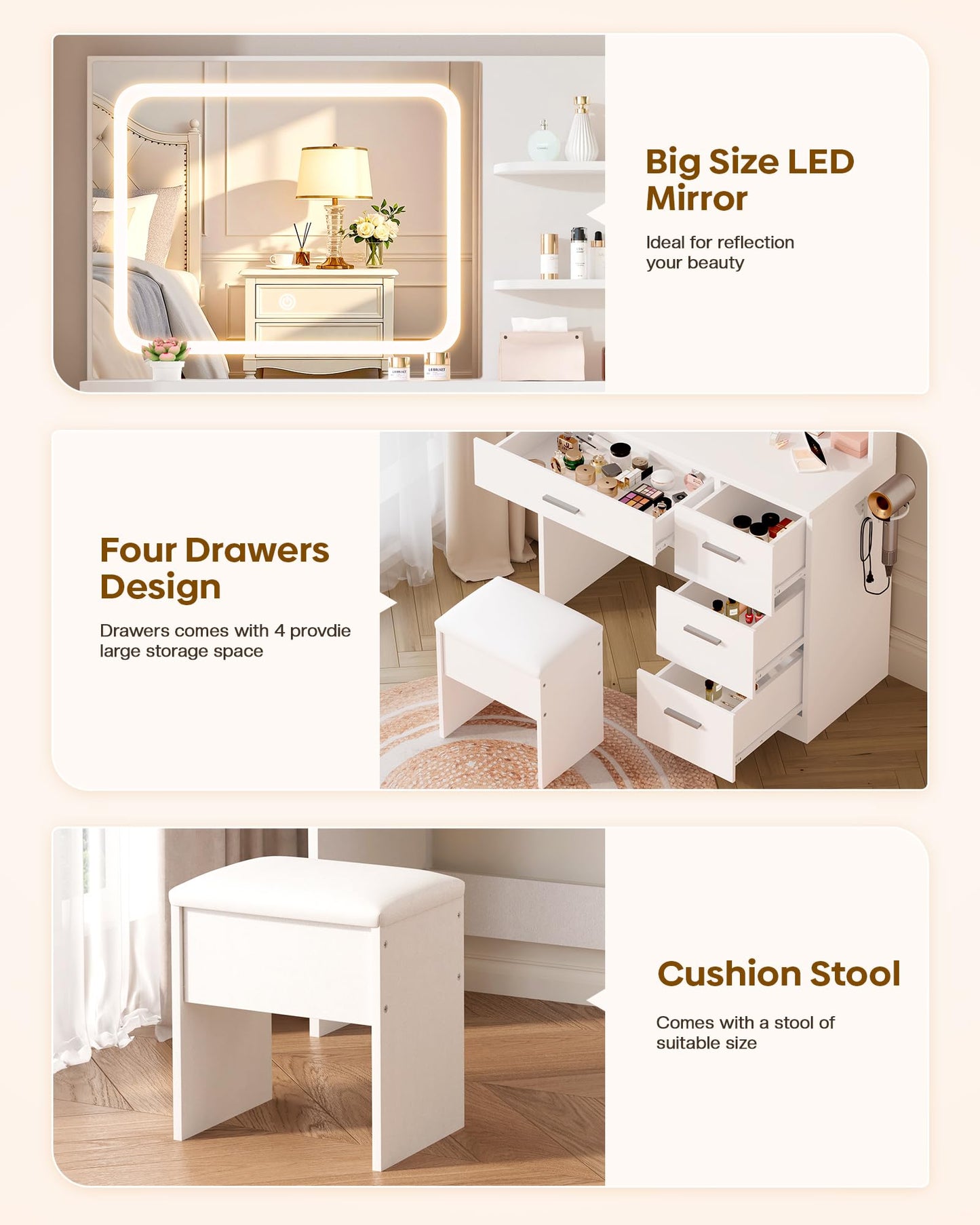 LIVELYGLOW Makeup Vanity Desk with Smart LED Mirror & Charging Station, 35.4" White Vanity Table Set with Cushioned Stool, 4 Drawers & Hairdryer Rack, Modern Bedroom Dressing Table-White