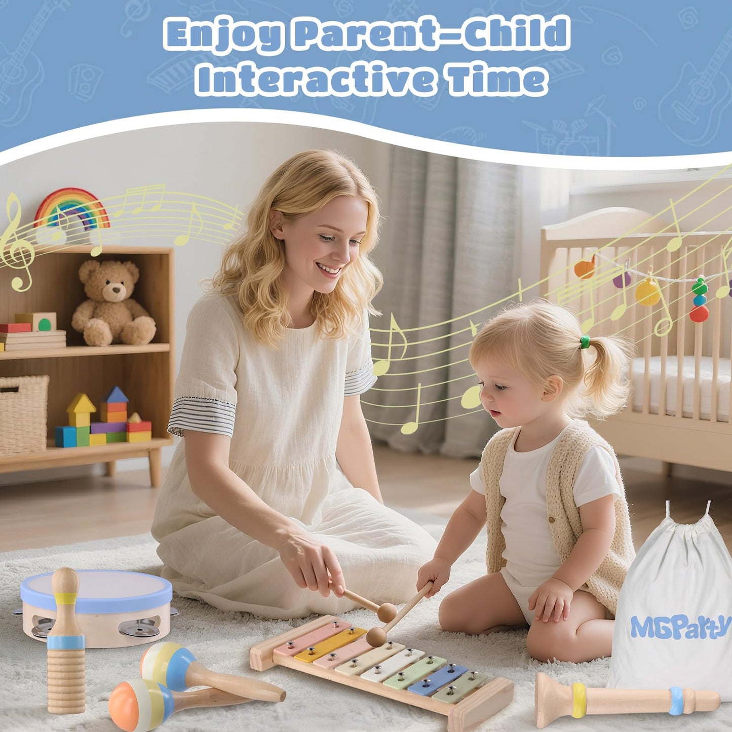 Baby Musical Instruments, Montessori Wooden Musical Toys for Toddlers 1–3, Xylophone Tambourine Triangle Maracas, Wooden Baby Instruments, Kids Preschool Educational Toys, Birthday Gift for Boys Girls