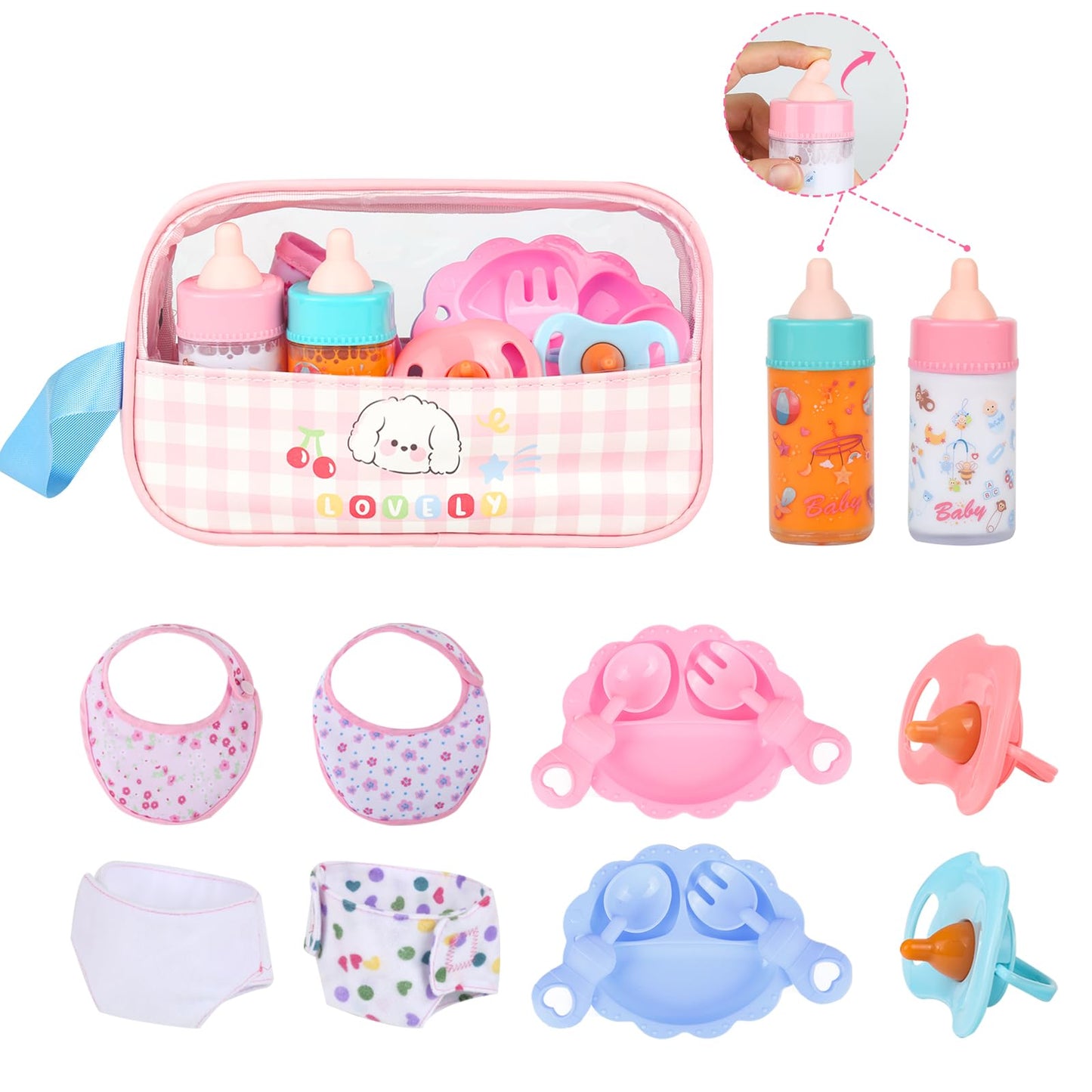 CARANOVO Baby Doll Accessories Set – 7 Pcs Feeding Bottle Toys, Magic Disappearing Milk & Juice, Pretend Play Set with Pacifiers, Reusable Bibs and Diapers, Kids Gift