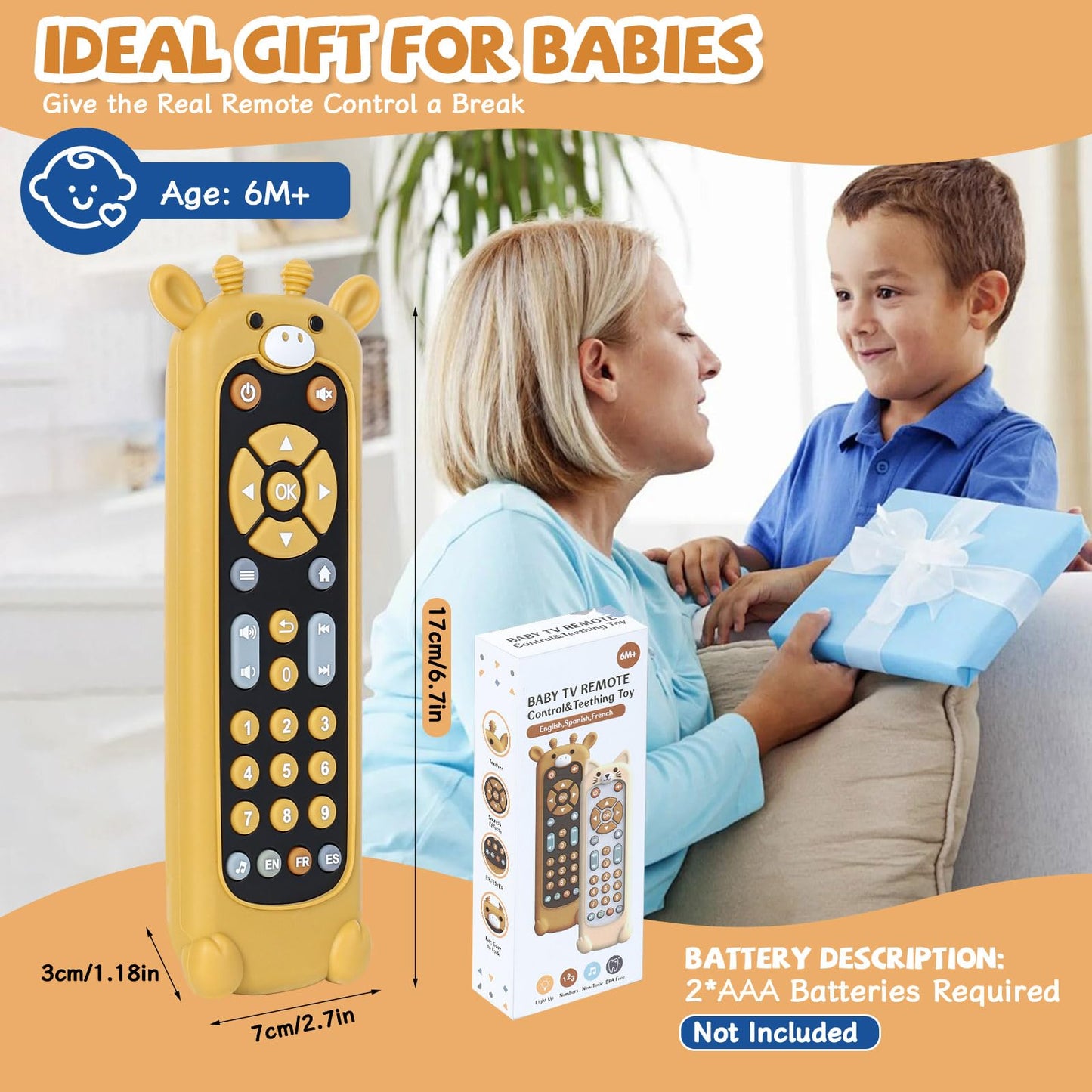Orzbow Baby Remote Control Toy for 6 Month+ with Silicone Giraffe Teether Cover, TV Remote Toy with Realistic Light and Sound - English, French and Spanish for Infant Musical Toys, BPA Free, Black