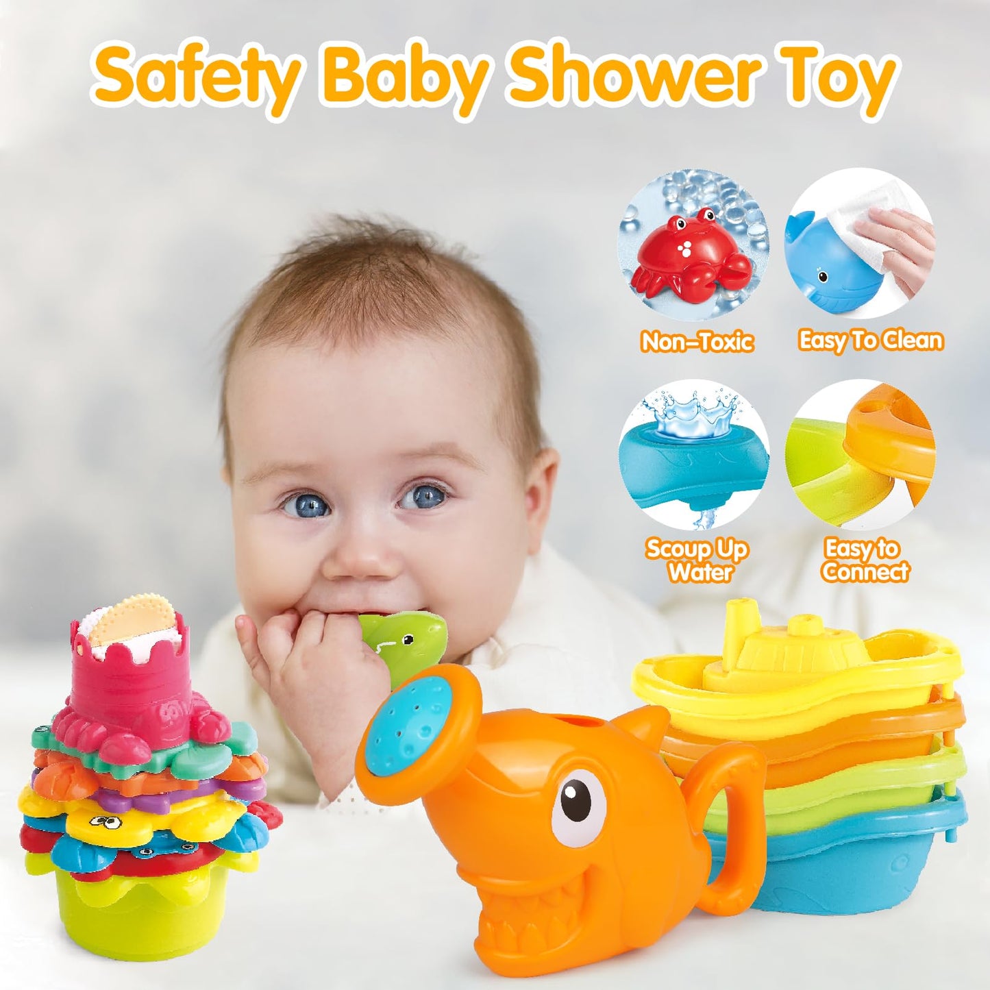 Water Table Toys for Toddlers 1-3, 16PCS Bath Toys for Babies 6-12 Months wtih Floating Boats, Stacking Cups, Shark Water Can & Marine Animal Silicone Toys, Pool Beach Idea Gift for Boys Girls