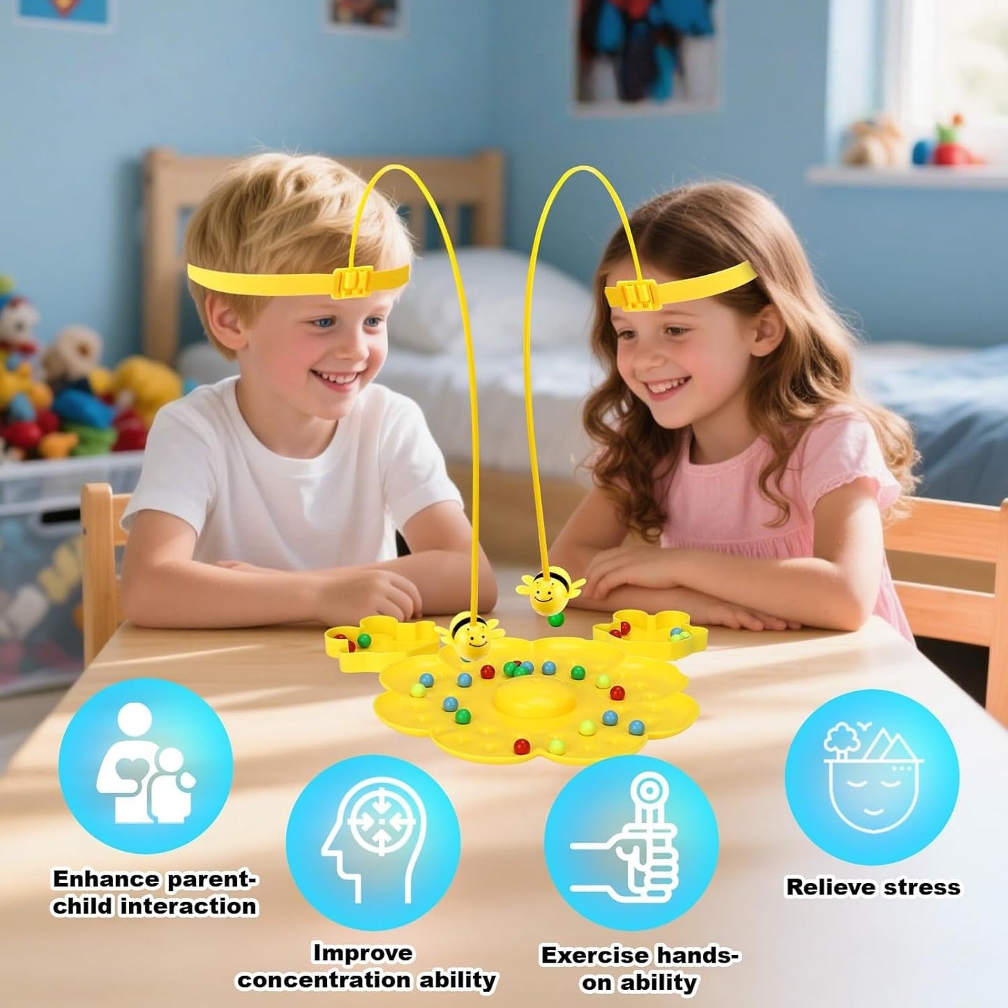 Magnetic Bee Bean Picking & Tabletop Fishing Game，Adjustable Headband, Educational Focus Toy Ages3+, Family Party Travel Games for Indoor/Outdoor，White Elephant Gift for Adults