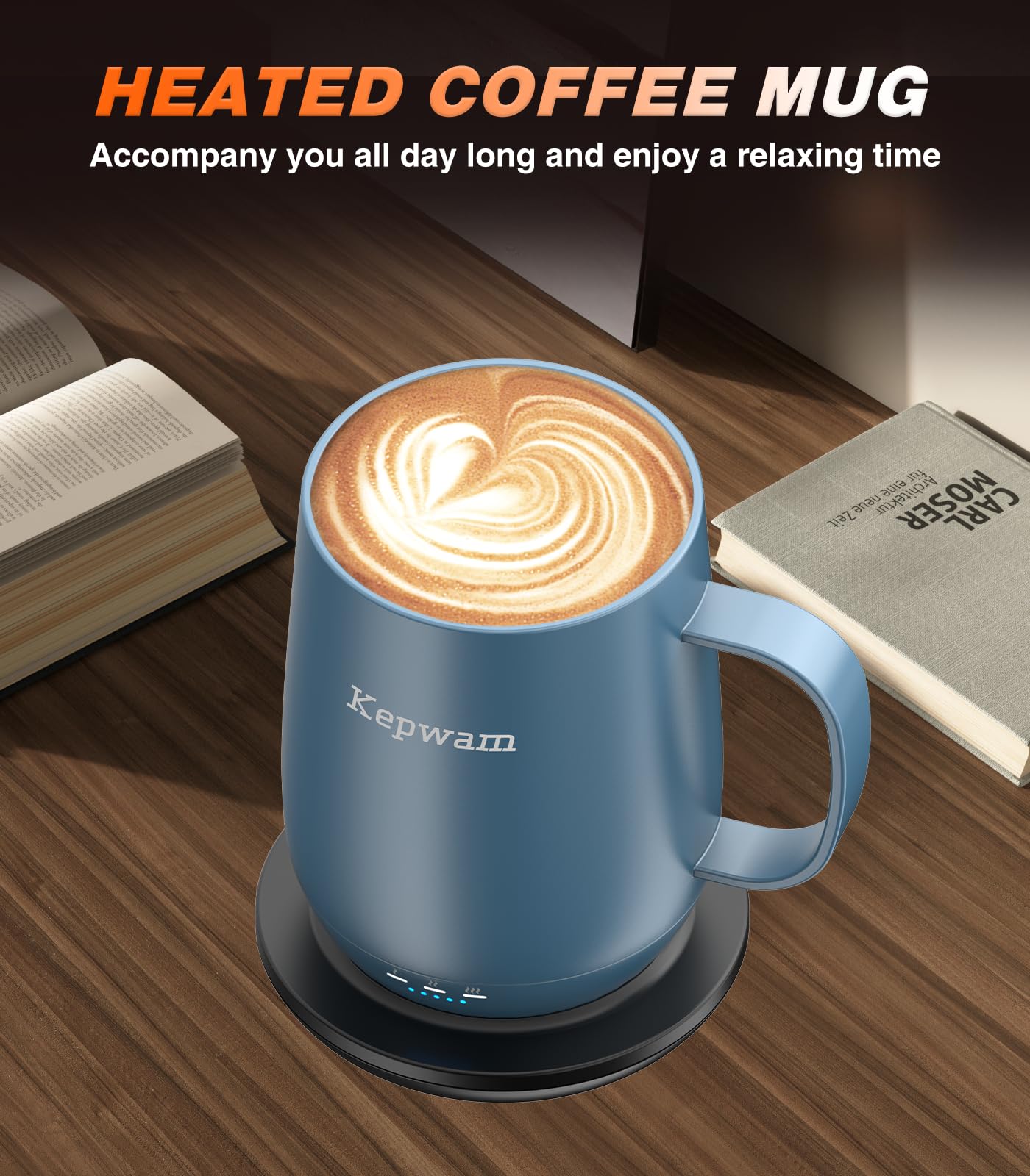 Kepwam Self Heating Coffee Mug T2, 16oz Smart Heated Coffee Mug, 150 Min Battery Life - Hot up to 149℉ Temperature Control Coffee Mug Warmer, Gifts for Dad Mom (No APP)