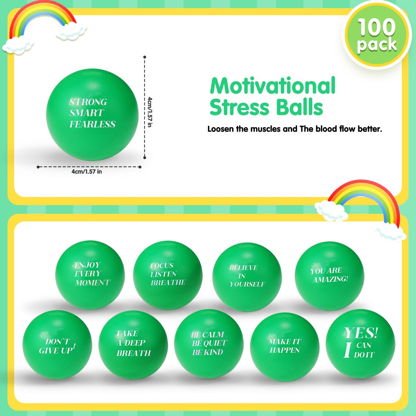 Sotiff 100 Pcs Stress Balls Bulk for Adults Colorful Foam Stress Relief Gift Toys with Motivational Quotes Squeeze Balls for Office Relief Employee Appreciation(Green Color,Positive)