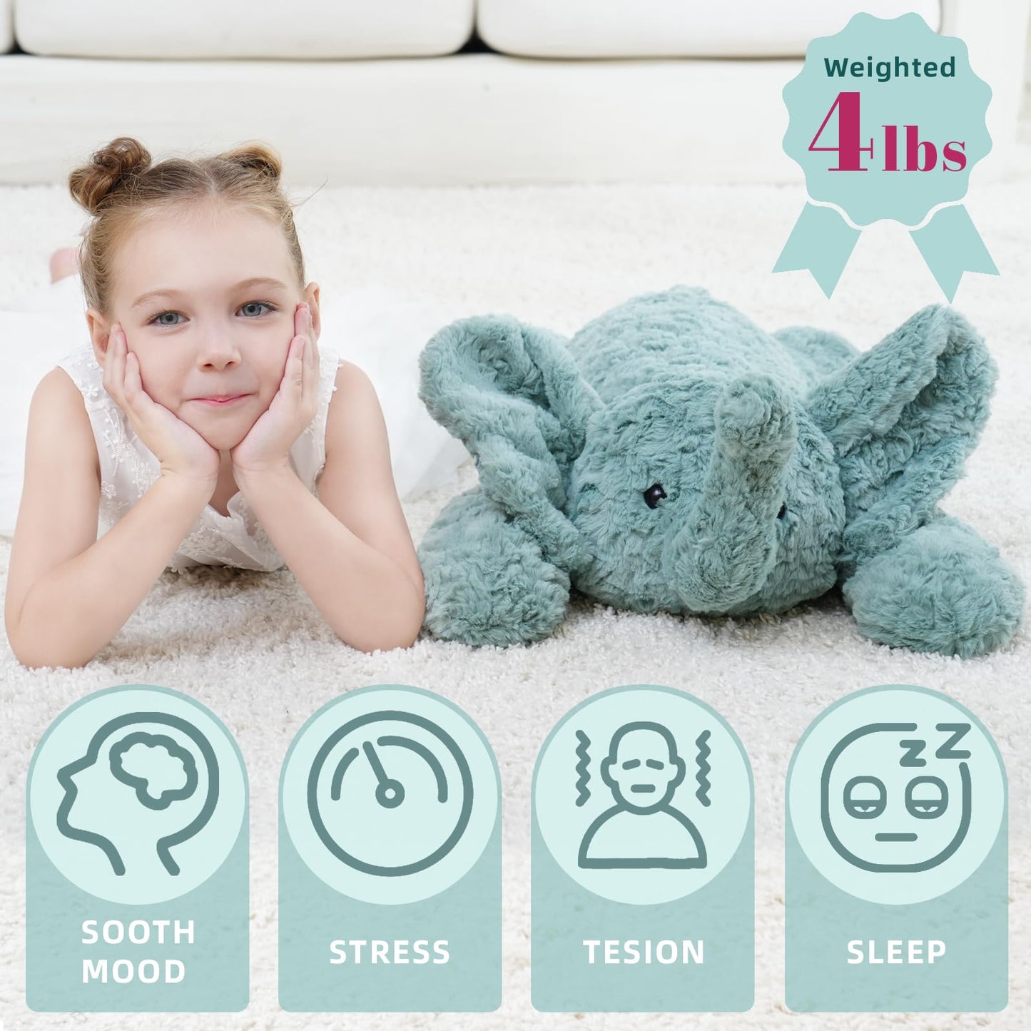 YGZE Weighted Stuffed Animals Elephant Plush Toy, 26 Inch, 4 Pounds, Soft and Huggable Weighted Plush Toy in Sage Green, Ideal Gift for Kids and Adults for Christmas, Birthday, Valentine’s Day