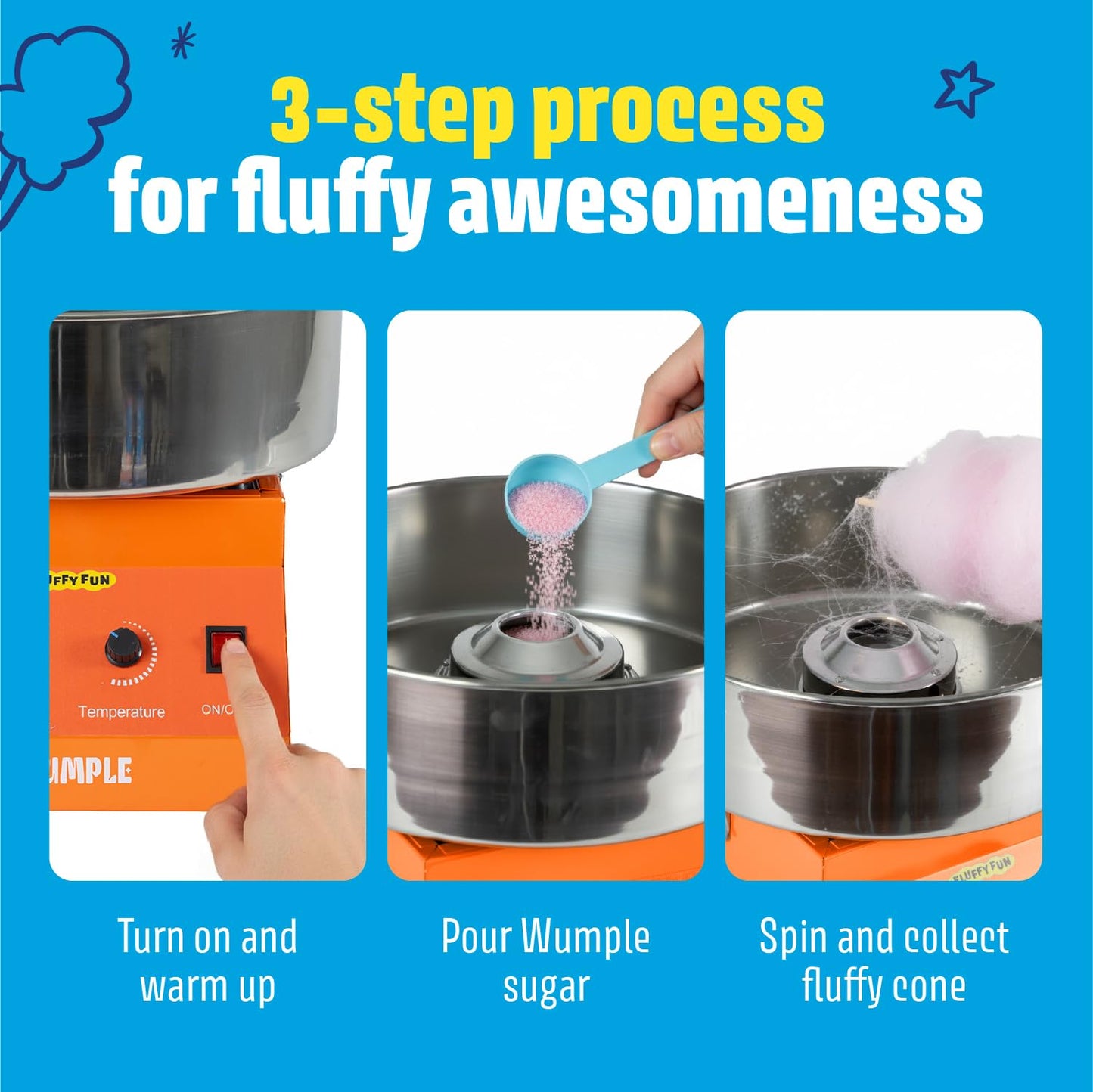 Wumple - Cotton Candy Machine Pro, Quick Heat-Up, Electric Machine with Large Stainless Steel Bowl for Parties & Business (Orange)