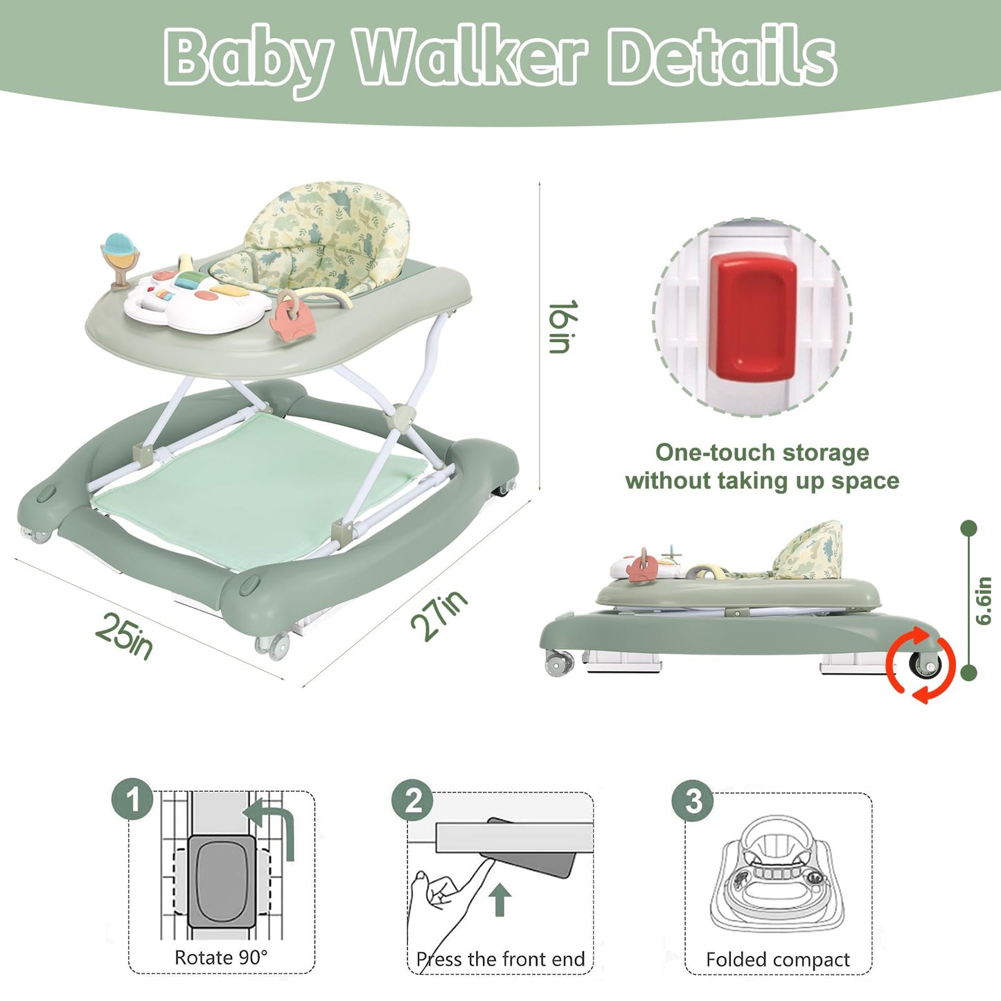 5 in 1 Foldable Baby Walker,Activity Baby Walker-Baby Bouncer,Rocker,Activity Center,Seat and Push Walker,Detachable Footrest Mat,Adjustable Speed Rear Wheels and Height,Ages 6-18 Months (Light Green)