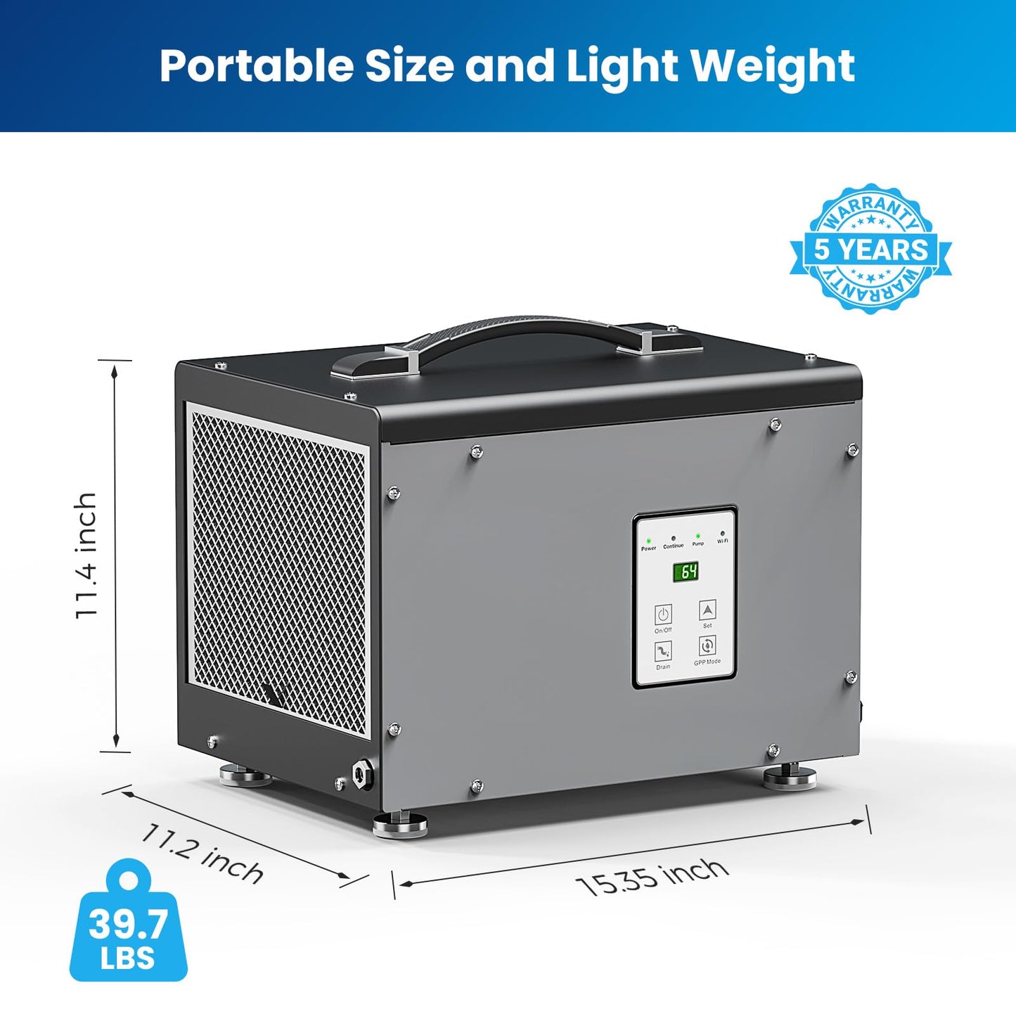 BaseAire Crawlspace Dehumidifier with Pump, Intelligent Dehumidifiers for Commercial, Basement, 70 pints, Compact, Auto Defrost, Memory Starting, Up to 1000 Sq Ft
