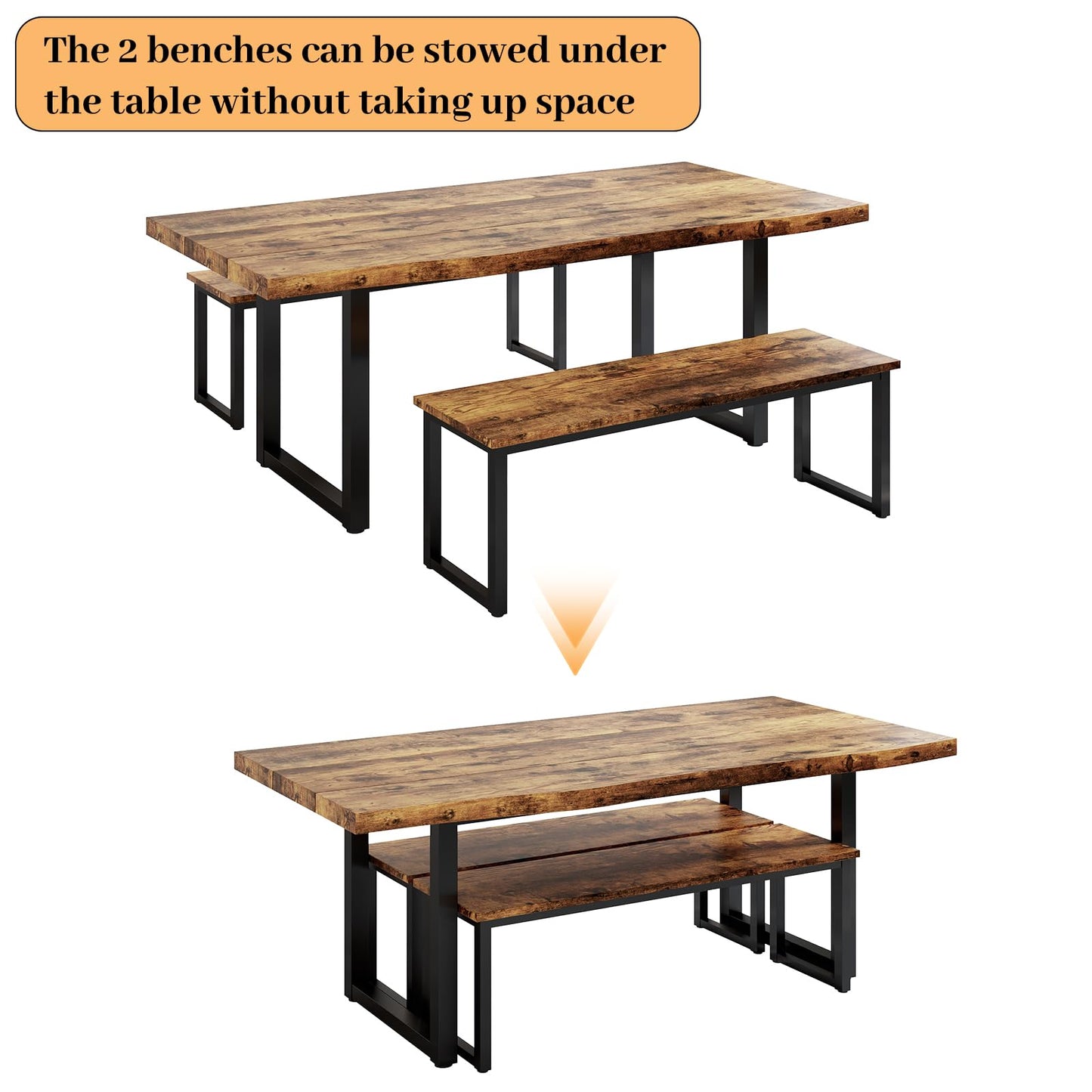 HIPIHOM 63" Dining Table with 2 Benches, Modern Kitchen Table and Chairs Set for 4 to 6 Persons, Thickened MDF Wooden Table for Dining Room, Kitchen
