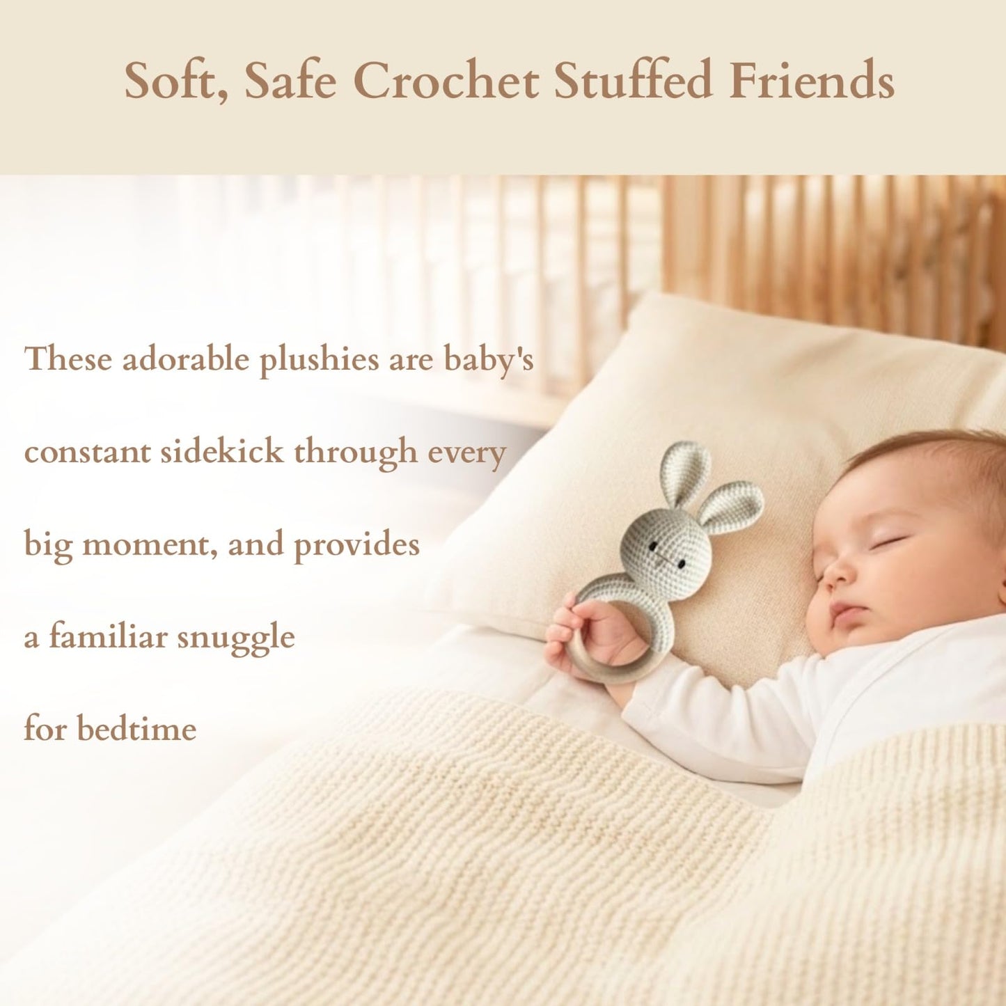 Organic Crochet Bunny Baby Rattle Toy - Handmade Newborn Gift Set with Teether & Pacifier Holder - BPA-Free Organic Cotton New Baby Gift - Infant Sensory Toy for Girls Boys 0-12 Months