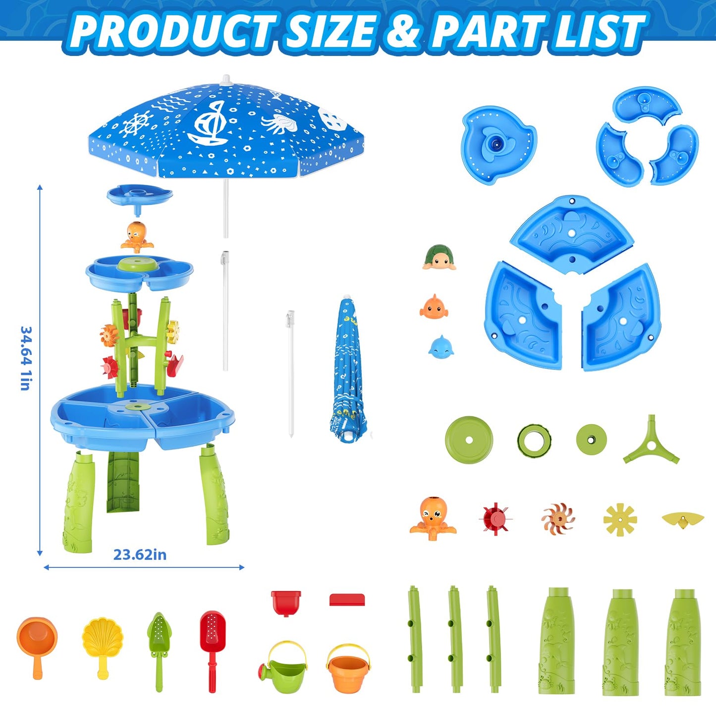 HYES Water Table for Toddlers 3-5, 3-Tier 6 Zones Water Sand Table with Umbrella, Rain Showers Splash Pond Toys for Outdoor Beach Backyard Summer, Kids Activity Sensory Playset for Boys Girls, Blue