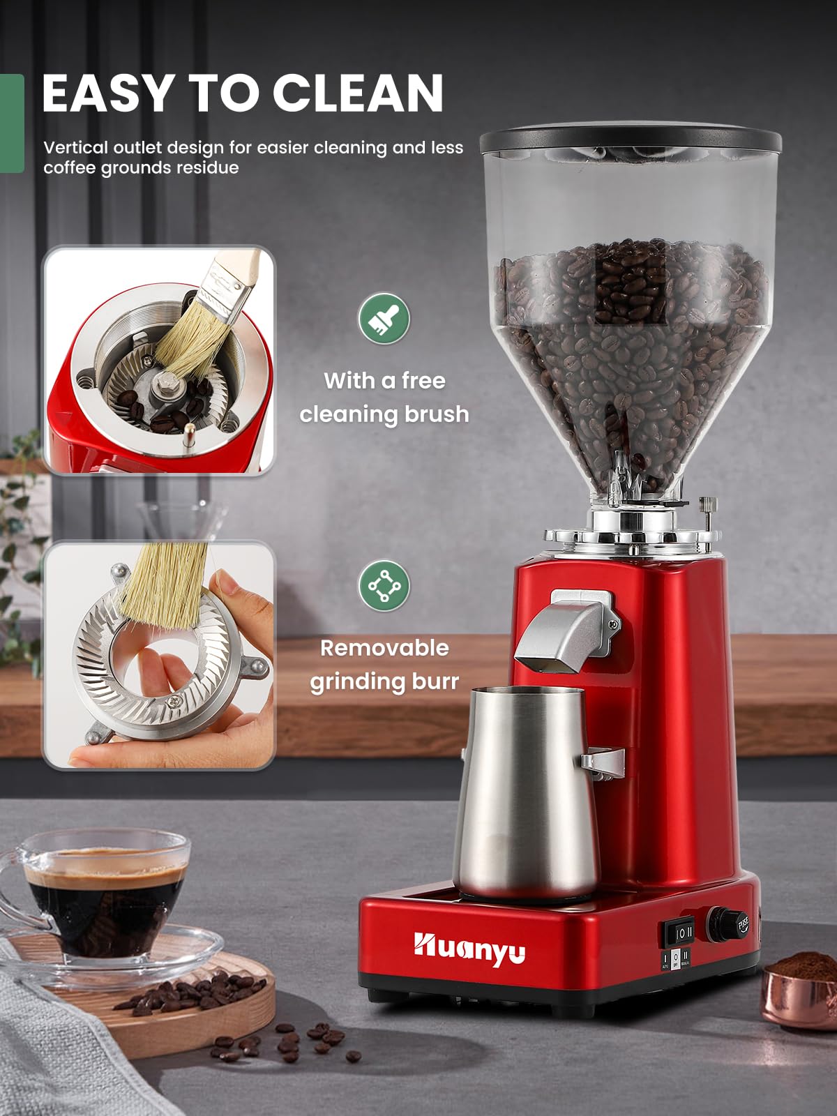 Huanyu Coffee Grinder Electric Adjustable Flat Burr Mill with 19 Precise Grind Setting 35OZ 36Cups Coffee Bean Grinding Machine Upgrade Automatic Point-action for Espresso French Press Red