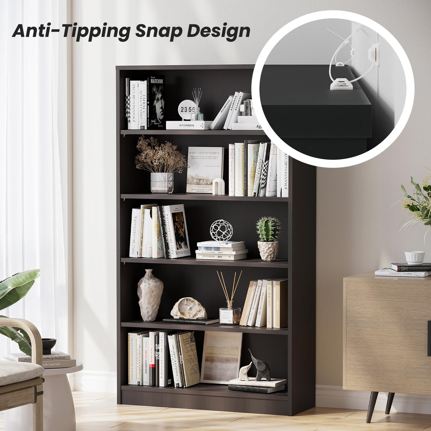 i-VTIES Bookcase Adjustable Storage Shelves,5-Tier Modern Wood Bookcase for Bedroom,60-Inch Bookshelf, Office, Living Room & Library(Black)
