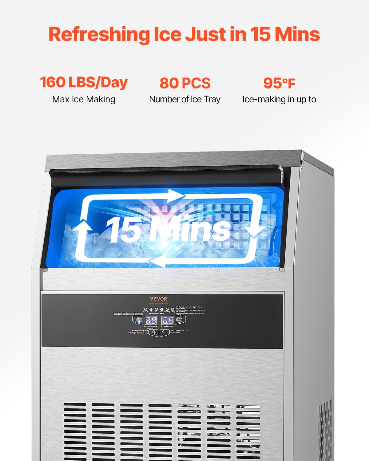 VEVOR 160lbs/24H Commercial Ice Maker Machine with Drain Pump, 66lbs Storage Capacity Ice Maker, 80 Ice Cubes in 15 Minutes, LED Digital Display Freestanding Self-Cleaning for Bar Office Restaurant