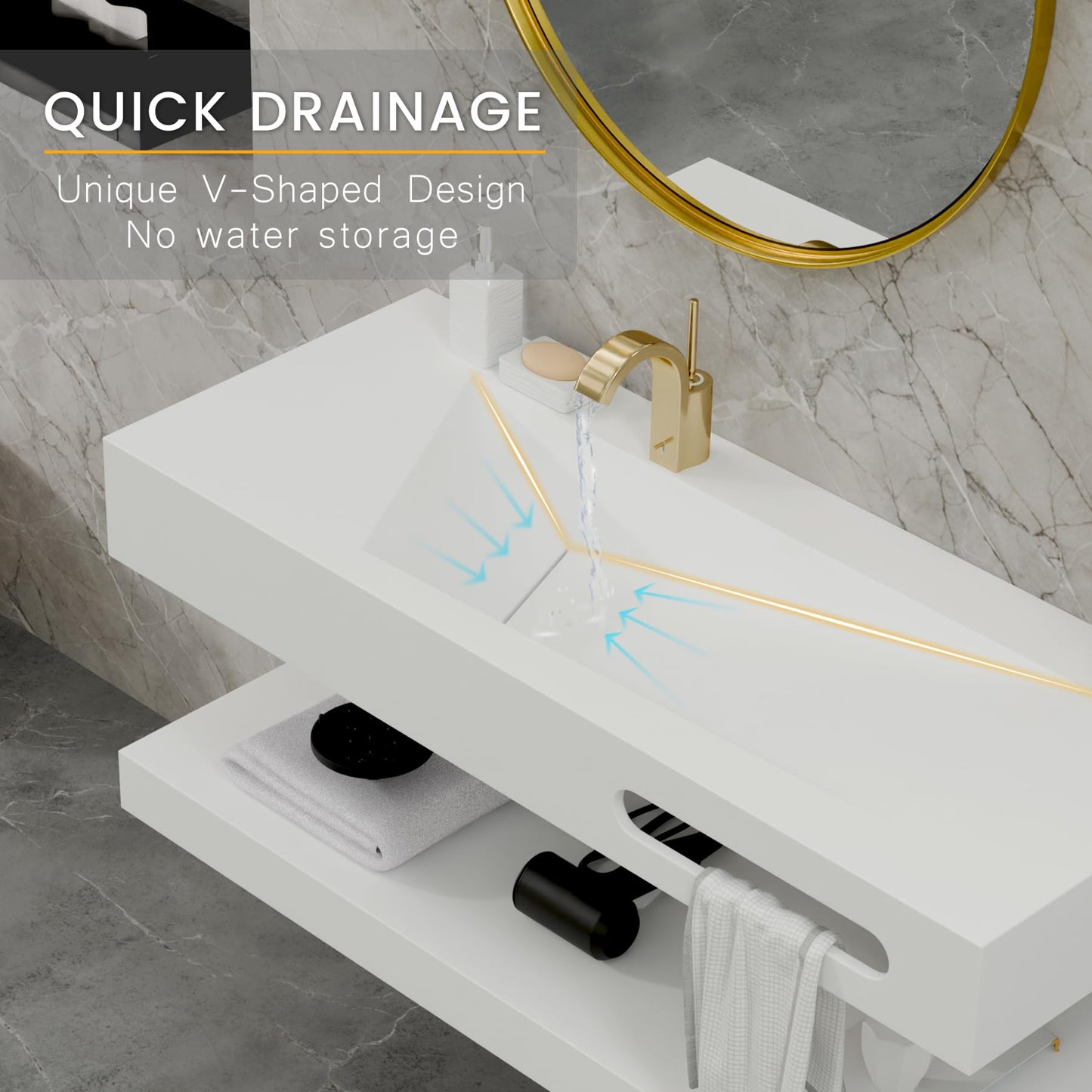 QJ&XY Resin Bathroom Sink 48" Wall Mounted V-Shaped White Basin with Towel Rack, Floating Vanity Sink in Soft-Touch Finish (Double Tier)