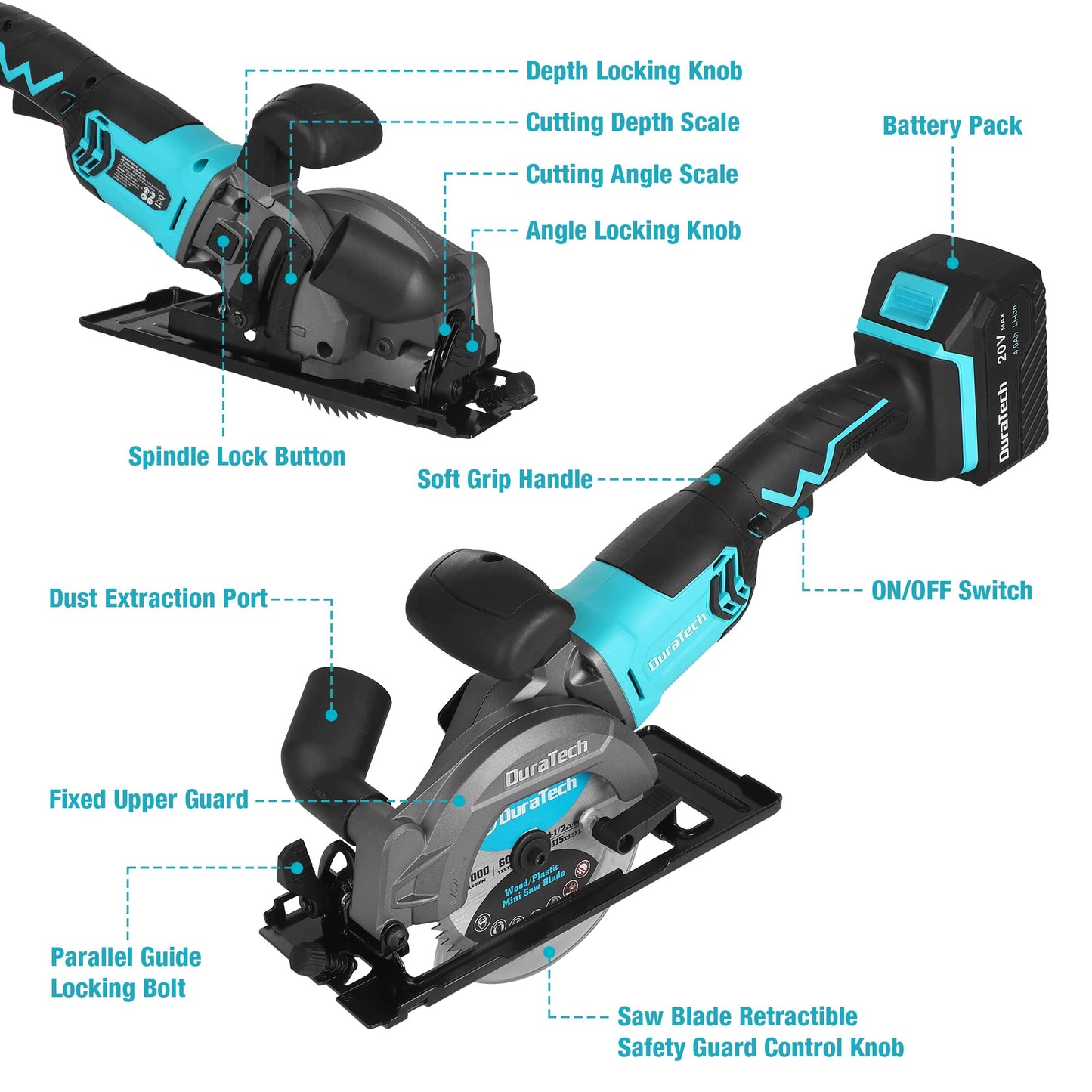 DURATECH Mini Circular Saw, 20V 4-1/2" Cordless Circular Saw with 4.0Ah Battery, Fast Charger, 3PCS Blades, 3600RPM, Max Cutting Depth 1-11/16"(90°),1-1/8"(45°), for Tiles, Wood, Soft Metal, Plastic