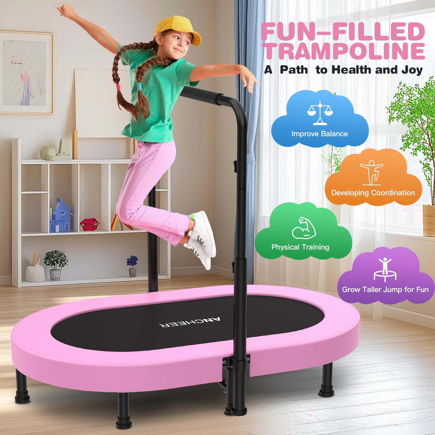 ANCHEER Trampoline, Mini Trampoline with Adjustable Handle - Indoor/Outdoor Rebounder for Kids & Toddlers, 56'' Safe Oval Fitness Trampoline with Bar for Home Fun