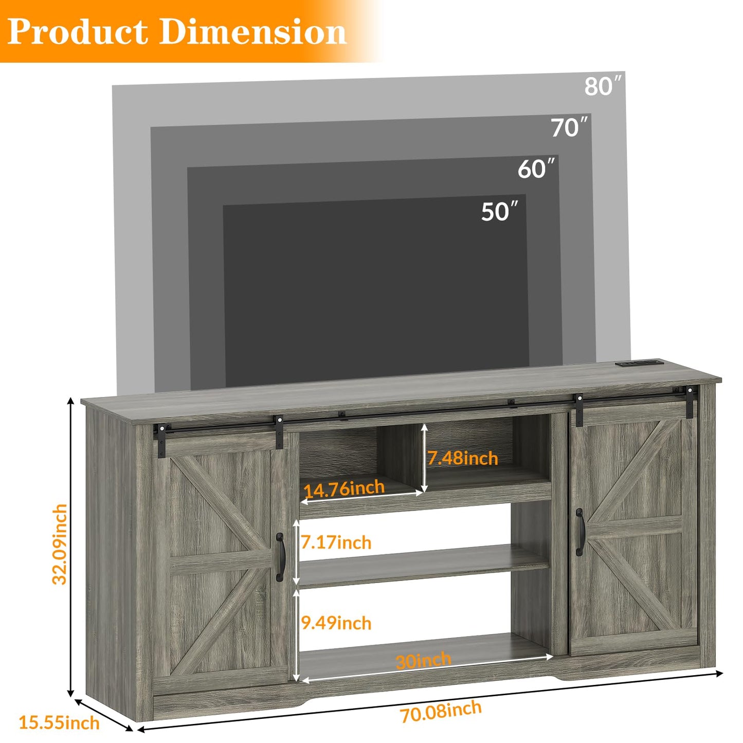 Garvee 70" Farmhouse TV Stands for 80" Television, Entertainment Center with Sliding Barn Door, Media TV Console Table with Storage & Adjustable Shelves for Living Room, Dark Grey