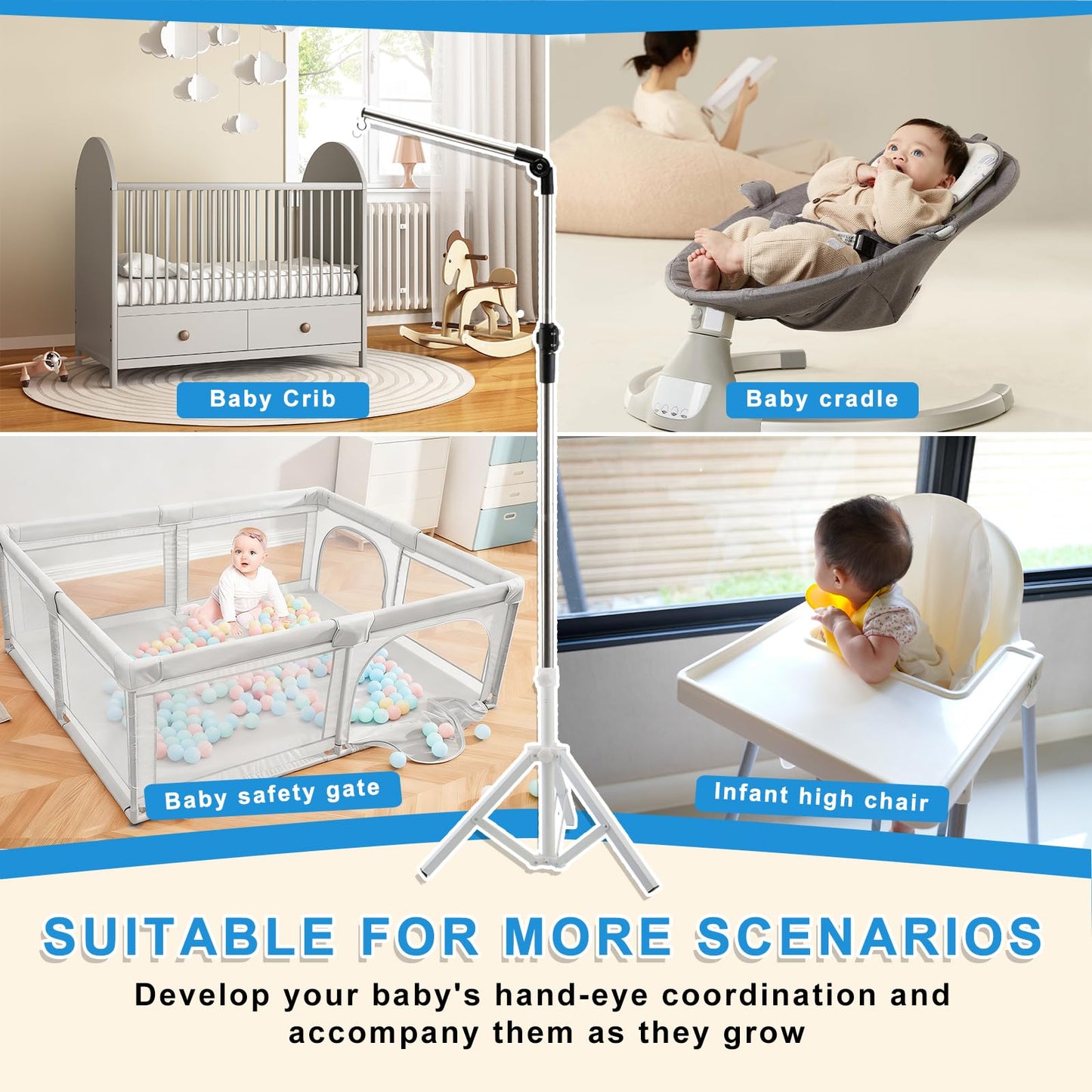 Quynhni Baby Crib Mobile Arm,Mobile Hanger for Crib 56-78" Adjustable Height Top Can Rotate 180° Suitable for Baby Girls Boys Stainless Steel Material Sturdy and Stable Base