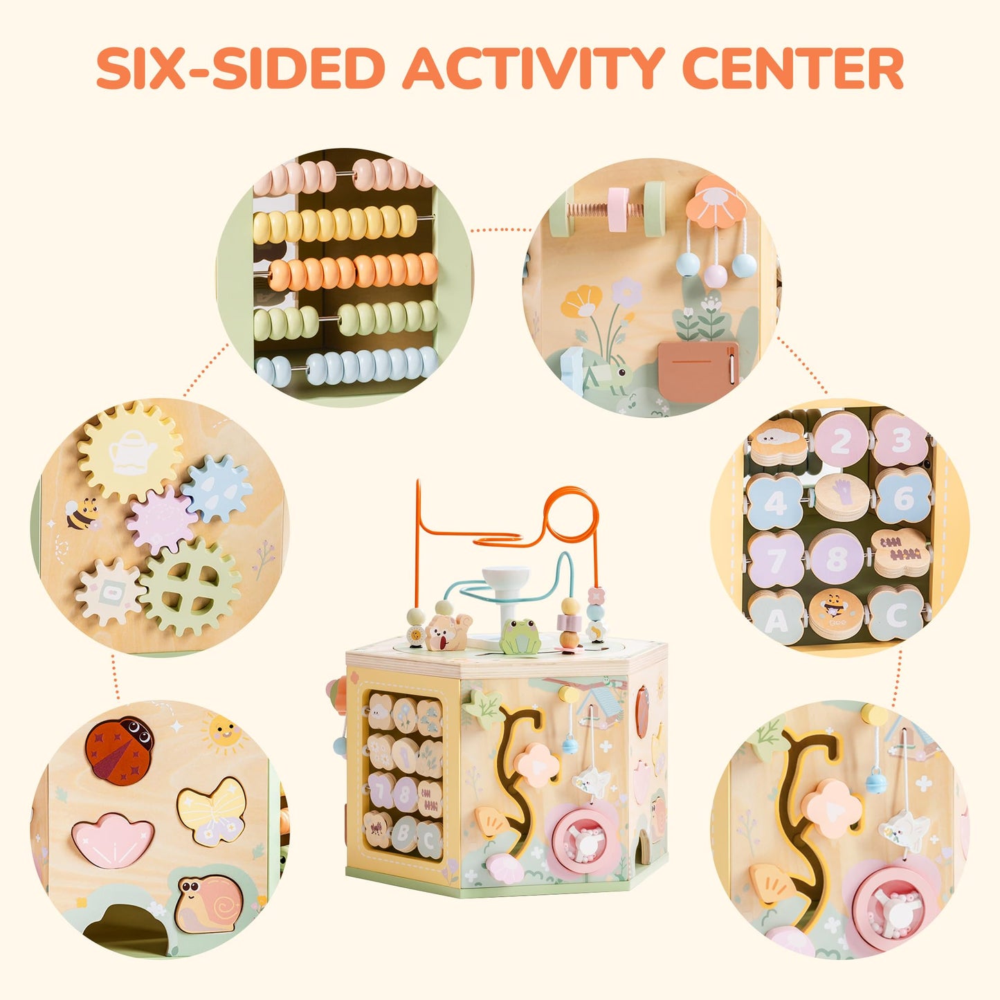 ROBUD Wooden Activity Cube, Montessori Toys for 1+ Year Old, Educational Toy with 13 Functional Areas, Fountain Garden Theme for Baby Boys & Girls
