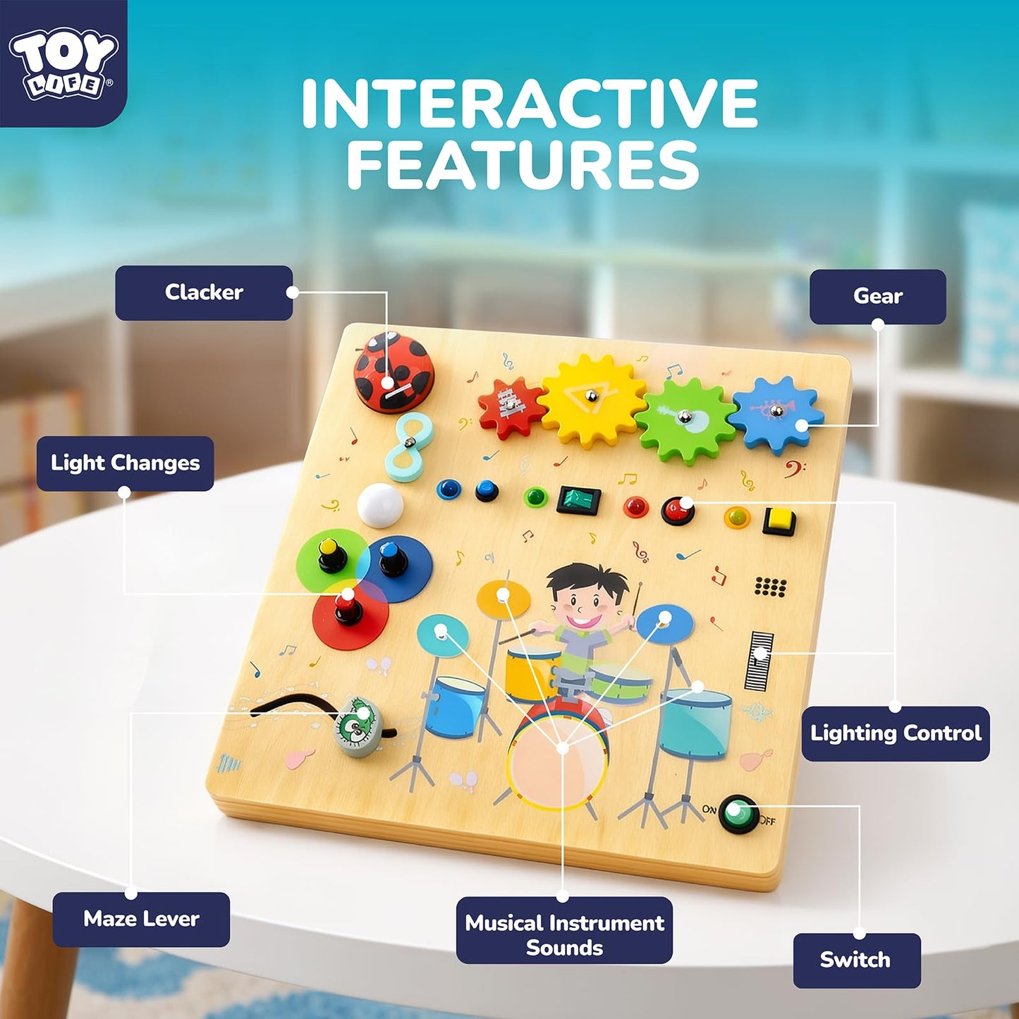 TOY Life Montessori Wooden Busy Board for Toddlers, Baby Fidget Boards with LED Light Switches, DJ Music Game, 4 Gears, Sensory Toys Light Switch Travel Toys for 1+ Year Old Baby and Toddler