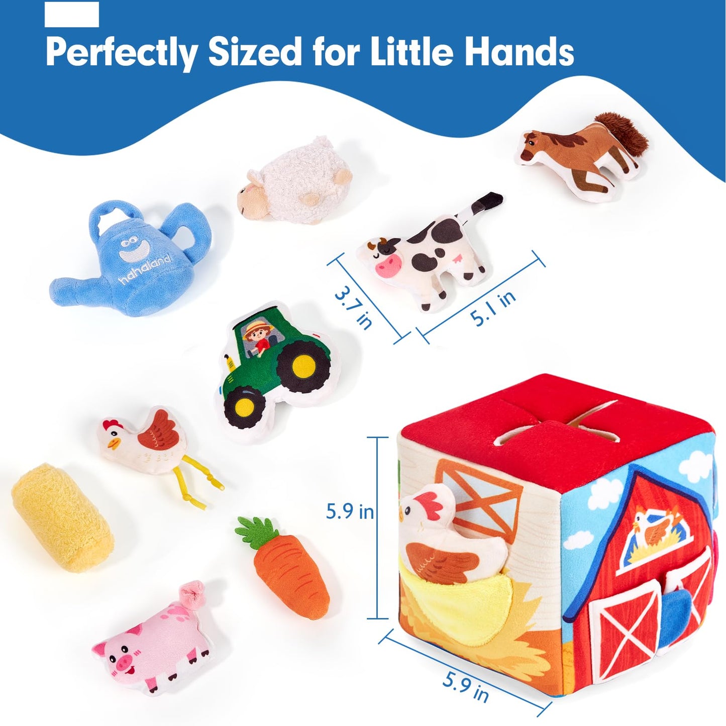 hahaland Baby Toys 6-12 Months - Mystery Soft Box with 12 Sensory Farm Animals Plush, Whats Inside Box with Rattle, Crinkle, Squeaker, Mirror, Montessori Toys for 6 Month Old Easter Basket Stuffers