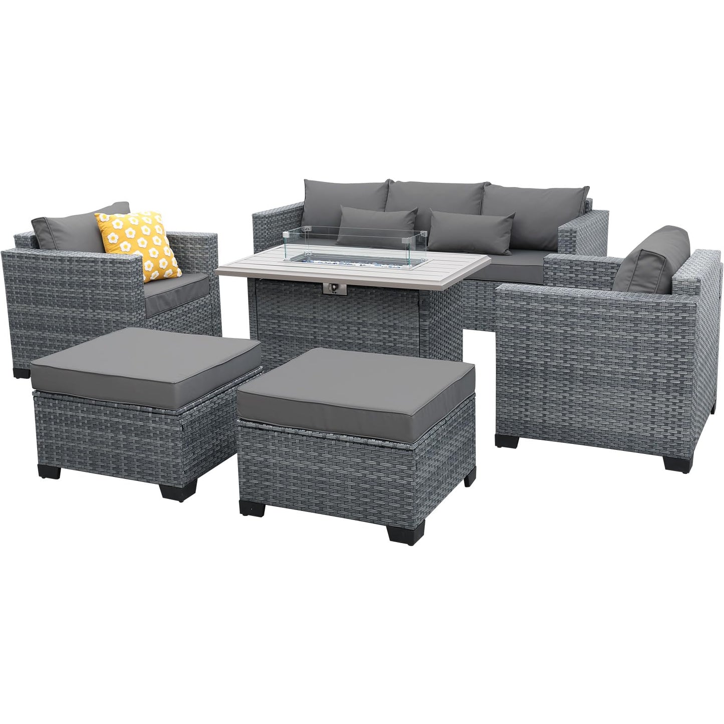 Lviden 6 Pieces Wicker Patio Furniture Sets Outdoor Conversation Set HDPE Rattan Sectional Sofa Couch with 45" Fire Pit Table and Grey Cushions