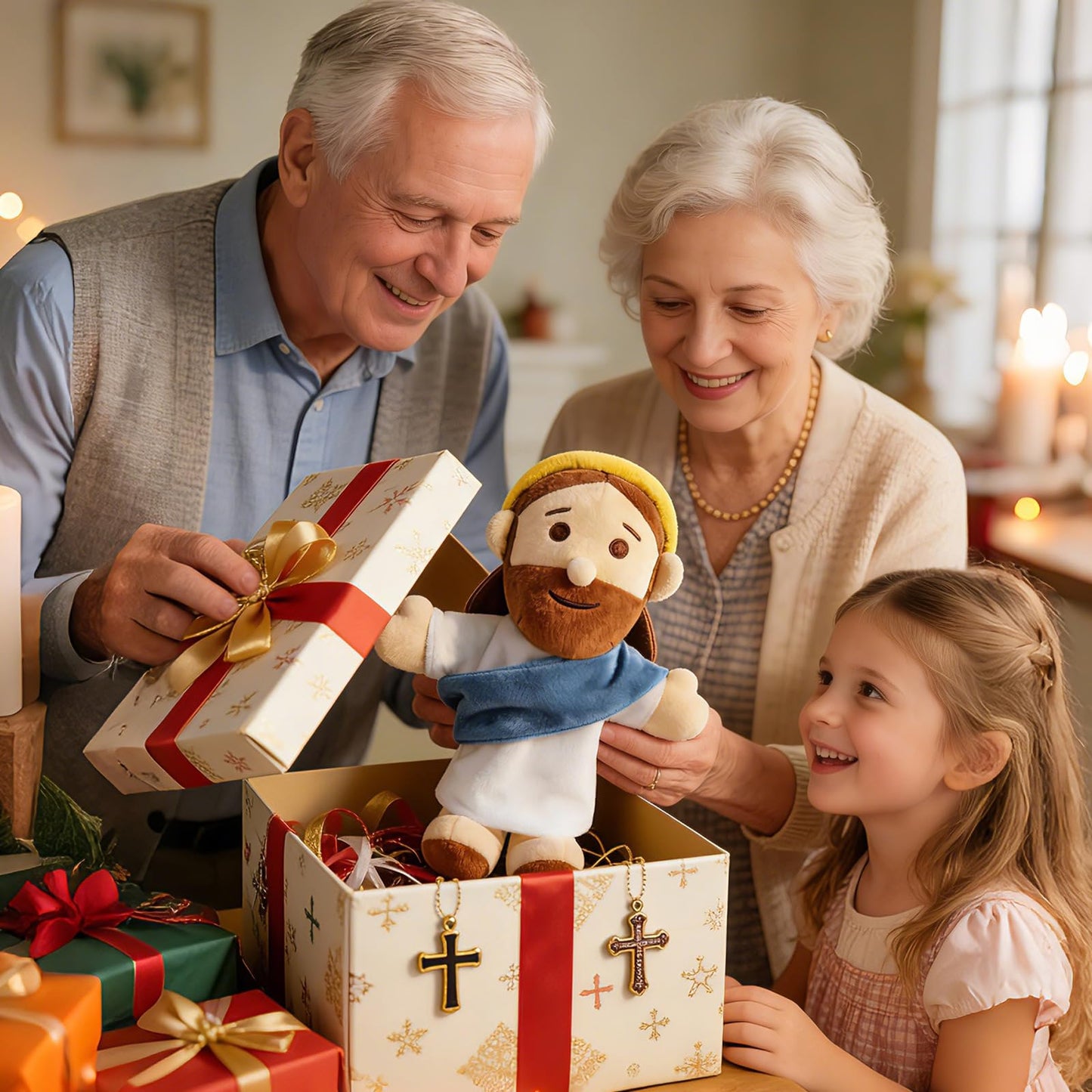 AKAIXI Jesus Hand Puppet Plush Jesus Doll 13" Blue Religious Bible Character Puppet Interactive Toy Fit Adult Hand Christian Easter Gifts for Baby Toddler Sunday School Kids First Communion Baptism