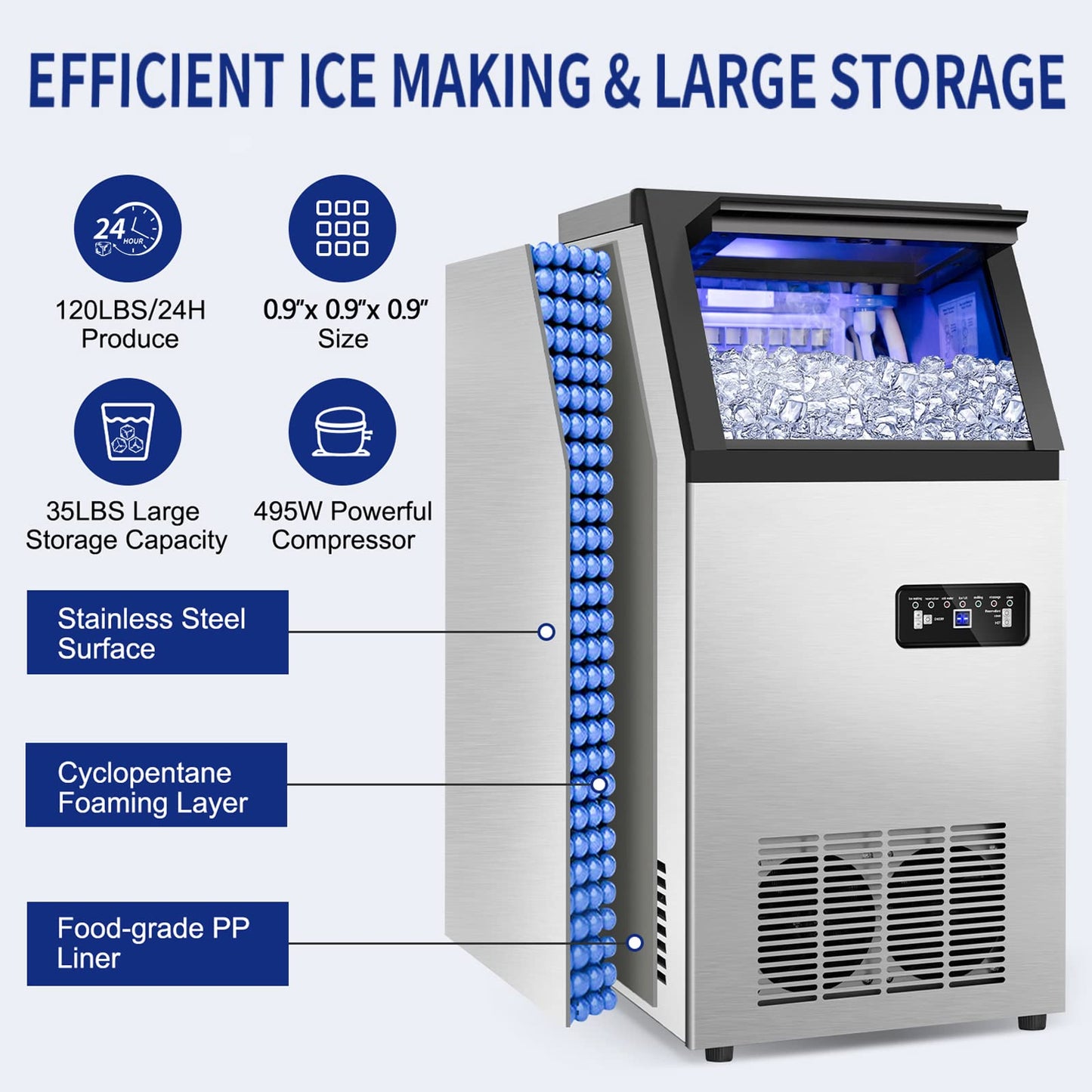 Commercial Ice Maker Machine 120Lbs/24H with 35Lbs Ice Capacity, 45Pcs Clear Ice Cubes Ready in 11-20Mins, Stainless Steel Under Counter Freestanding Large Ice Machine, 2 Water Inlet Modes