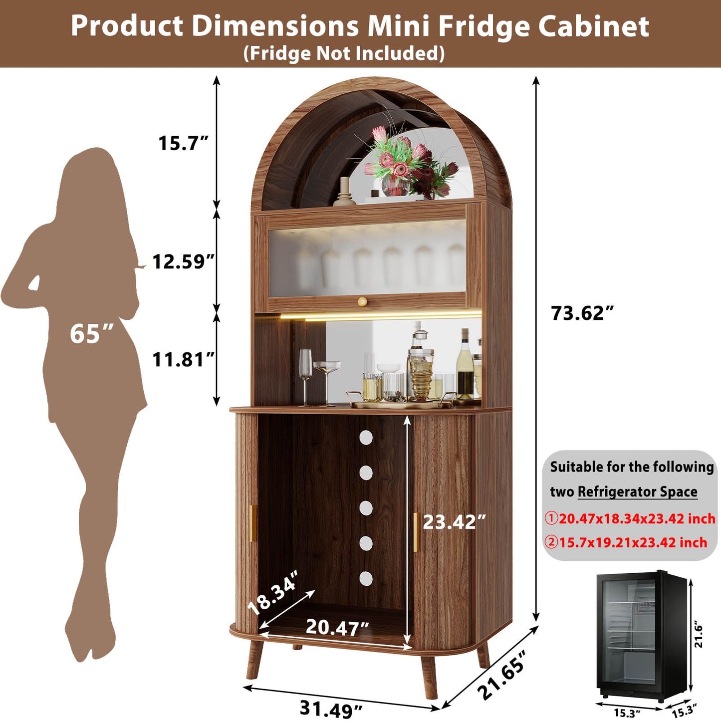 LVB 73" Tall Arched Bar Cabinet with Fridge Space, Mid-Century Fluted Coffee Bar Cabinet with Storage, Home Bar with LED Light, Wine Liquor Cabinet with Mirrored for Kitchen Dining Living Room, Walnut