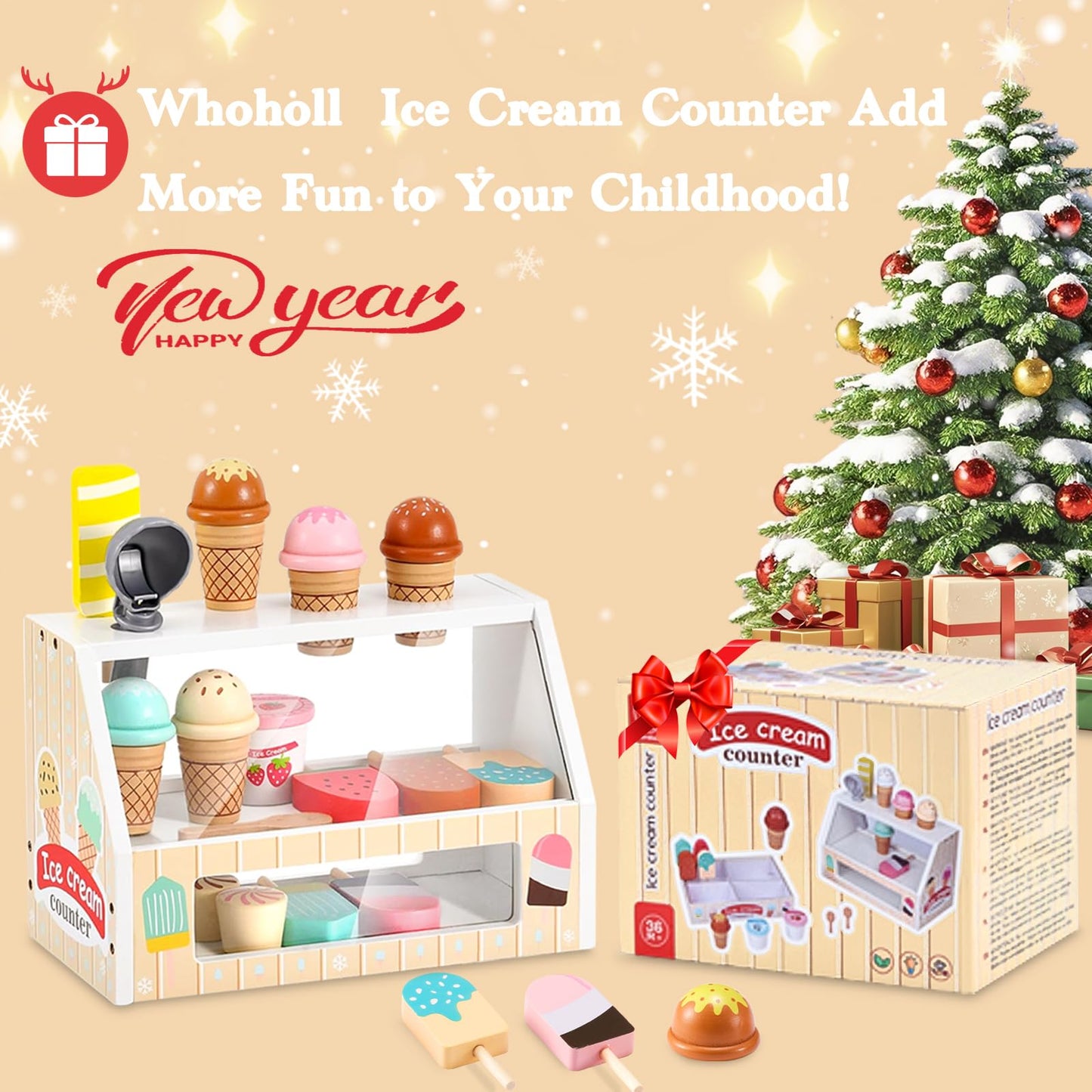WHOHOLL Wooden Ice Cream Toys Kids Play Store Pretend Toy for Toddlers, Play Kitchen Accessories with Scoop, Menu, Ice Cream Play Set Birthday for 3 4 5 6 Year Old Girls Boys