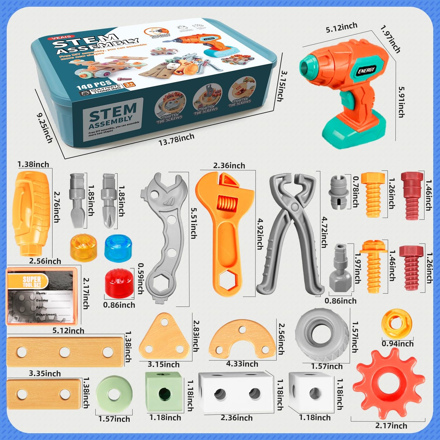Kids Tool Set with Drill, 148Pcs Toddler Tool Set with Toolbox,STEM Montessori Toys for 3 -5Year Old, Educational Construction Toy, Pretend Play Toys for 3 4 5 6 Year Old Boys, Birthday Gift for Kids