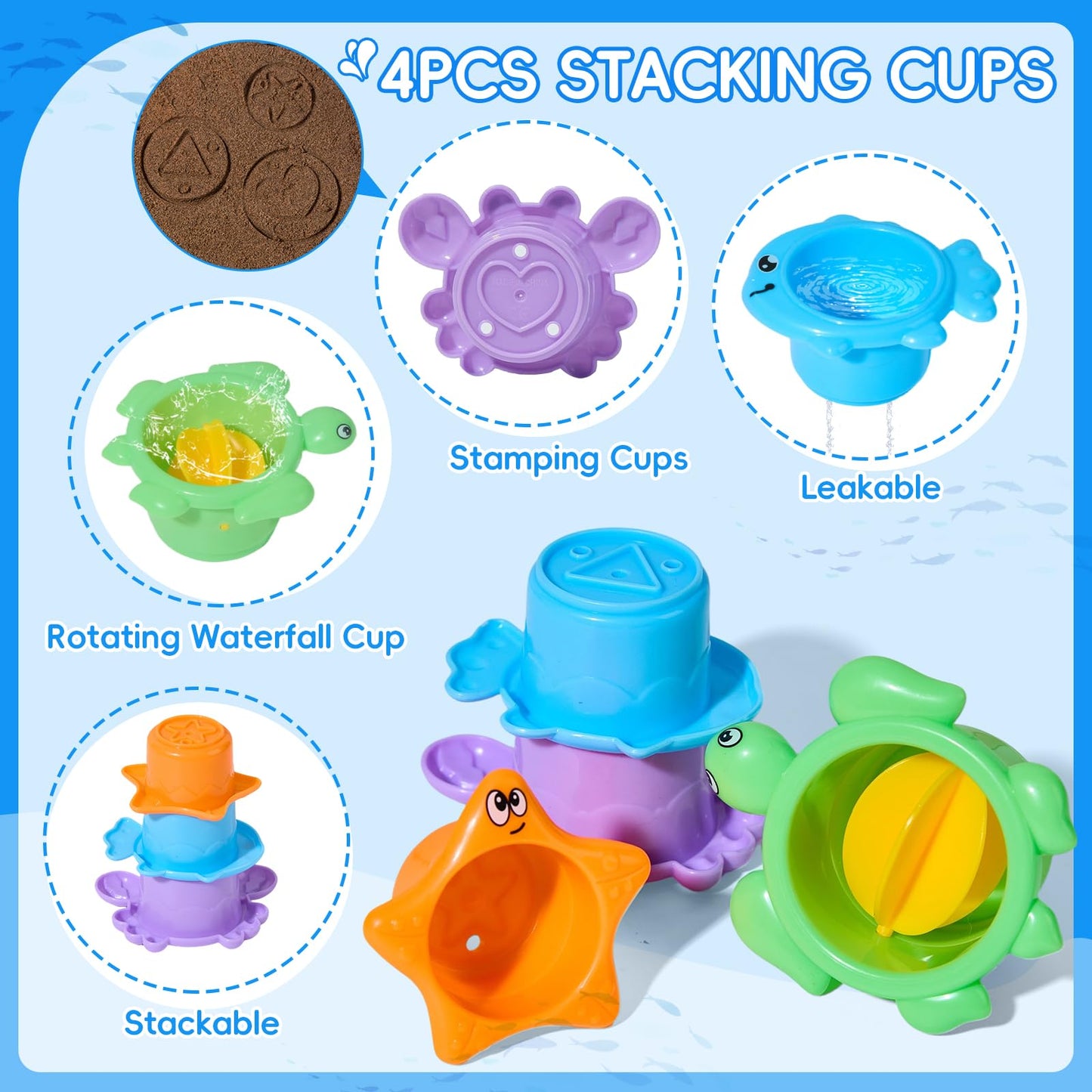 Baby Bath Toys for Kids Ages 1-3, 17PCS Mold-Free Toddler Bath Toys, Colorful Bath Boats & Stacking Cups &Whale Bath Toy, No Hole Floating Tub Toy and Storage Bag, Baby Pool Water Table Toys