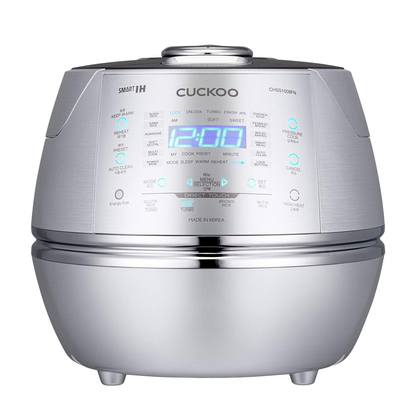 CUCKOO High Pressure Rice Cooker 10-Cup Uncooked / 20-Cup Cooked with Induction Heating Technology, Large Rice Maker with 17 Menu Options and Steam Plate, Voice Guide, Silver (CRP-CHSS1009FN)