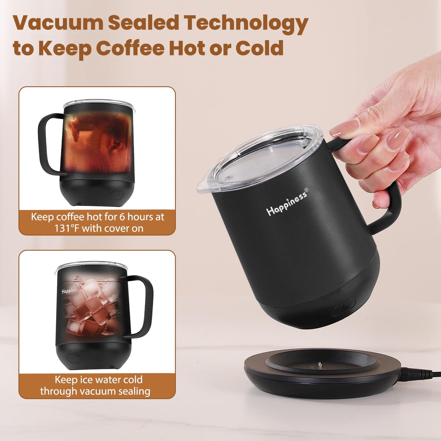 Happiness Smart Heated Coffee Mug,12oz Rechargeable Electric Self Heating Temperature Control Coffee Cup,Gifts for Mom Dad Grandma Wife
