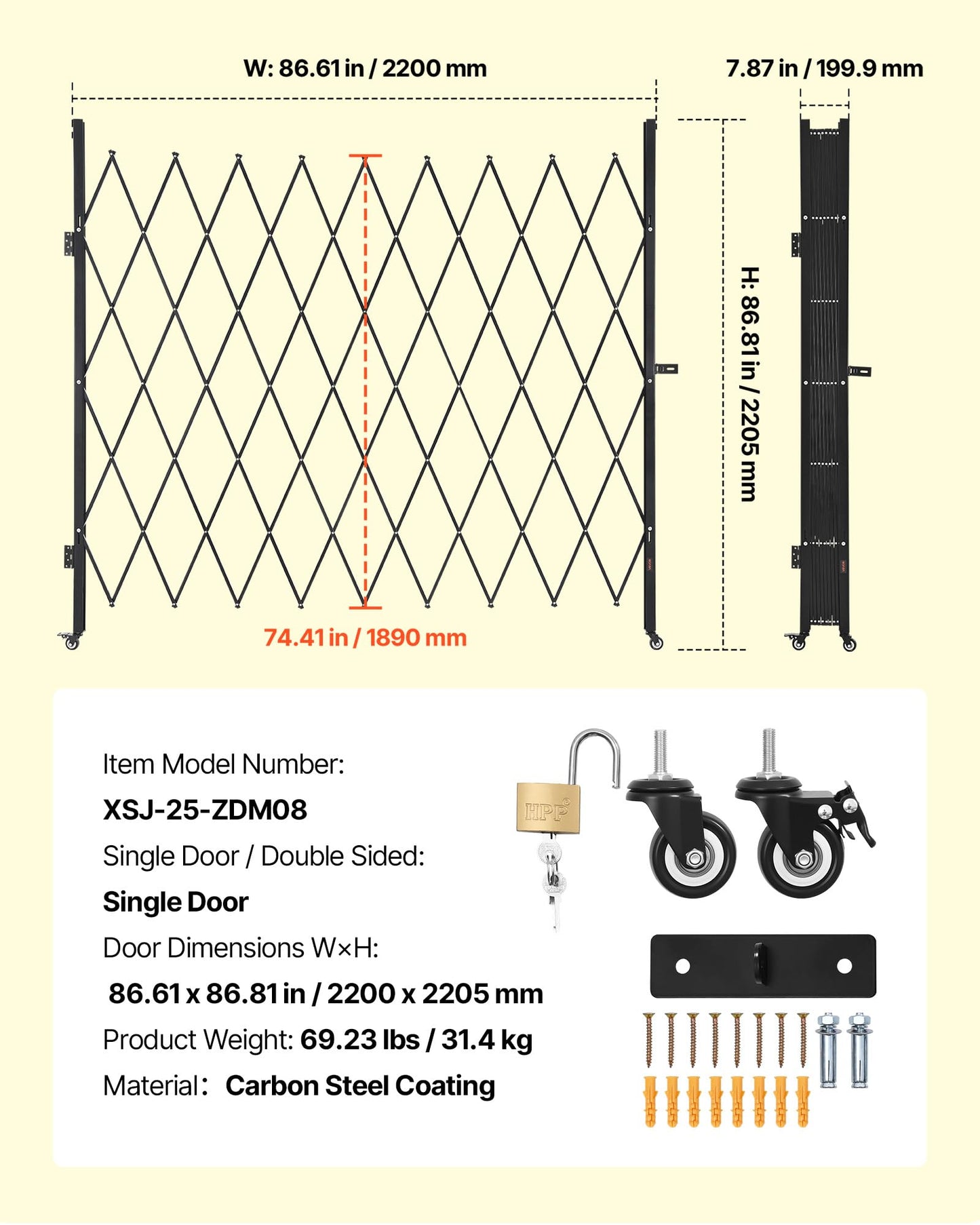 VEVOR Single Folding Security Gate, Lockable Scissor Gate with 360° Swivel Casters, Outdoor Barricade Steel Retractable Gates, for Entry Security, Garage, Warehouse & Pool, 86.61 x 86.81 in (W x H)