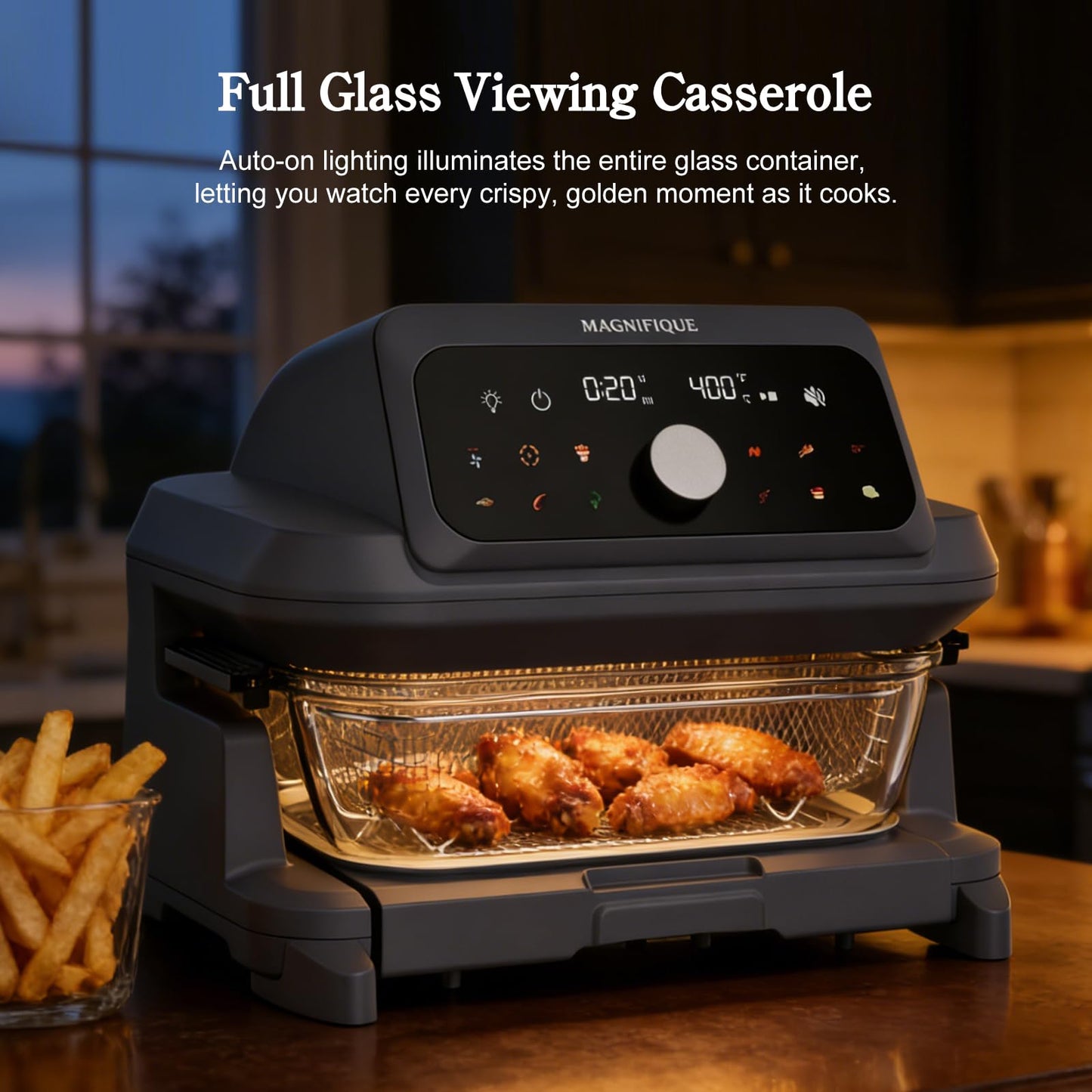 MAGNIFIQUE Casserole Air Fryer 6 Quart Large Capacity, Glass Air Fryer Oven Non Toxic, 12-in-1 Digital Touchscreen, Full Glass Viewing Window, Rapid Hot Air Circulation, Includes Basket & Storage Lid