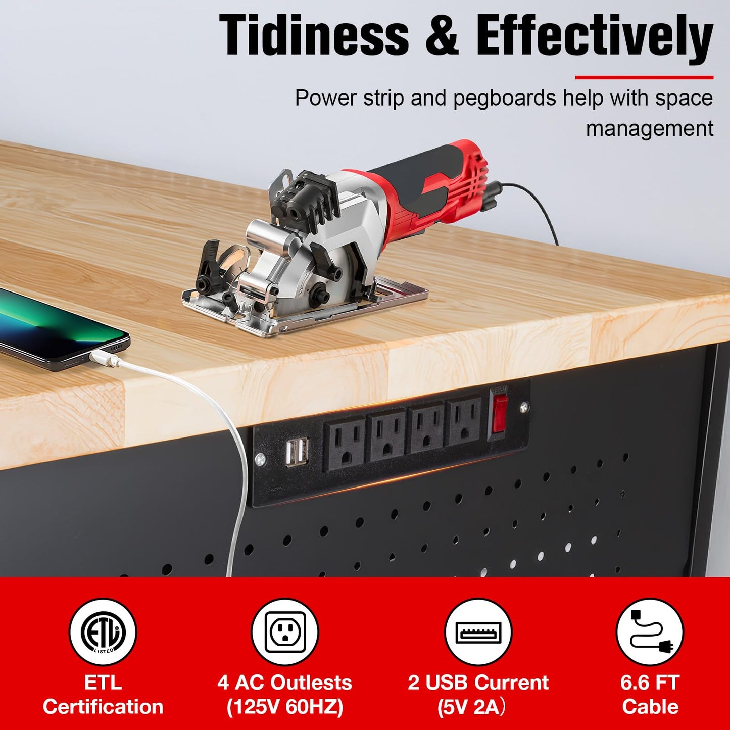 MUWOOD 60" Workbench with Drawers, Work Benches for Garage with Strip Light, Adjustable Work Table with Large Pegboard, 2000 LBS Heavy Duty Table with Power Outlet Rubber Wood for Garage, Office