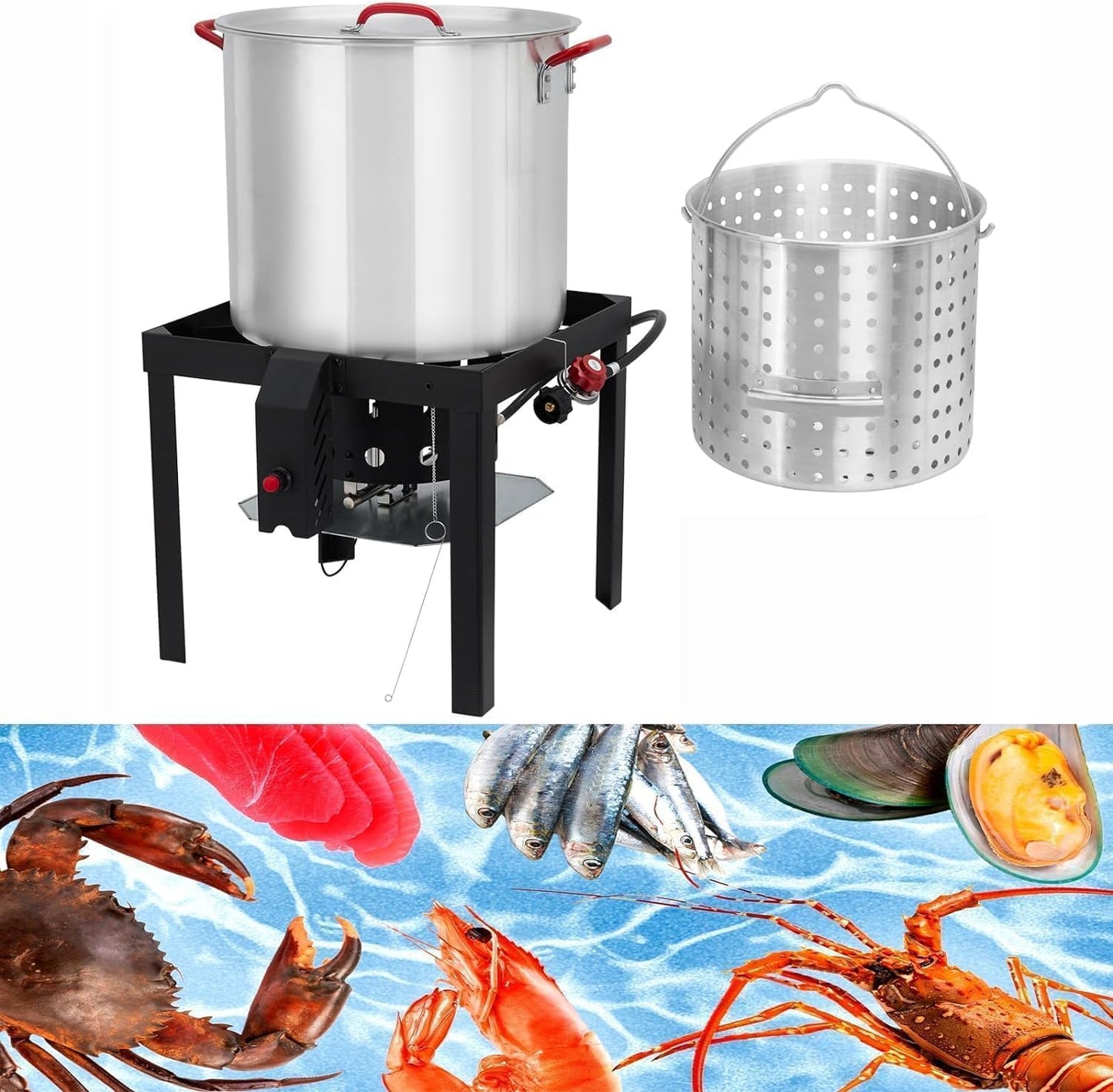 80-Quart Aluminum Seafood Boil Pot Kit with Steam/Boil Basket & Strainer, 110,000 BTU Propane Jet Burner & Lifting Hook, 10 PSI Regulator, Outdoor Crawfish, Shrimp, Crab Boiler and Fryer Combo