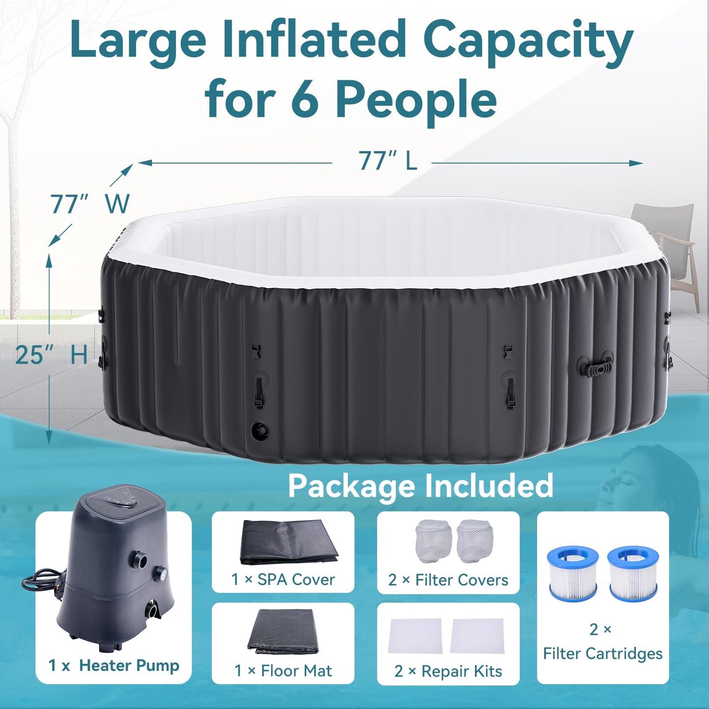 Inflatable Hot Tub, 4-6 Person Large Polygon Portable Blow Up Hot Tub, Leak-Proof PVC Outdoor Spa with 130 Air Jets, Heater Pump and Insulated Cover, 77” X 25”