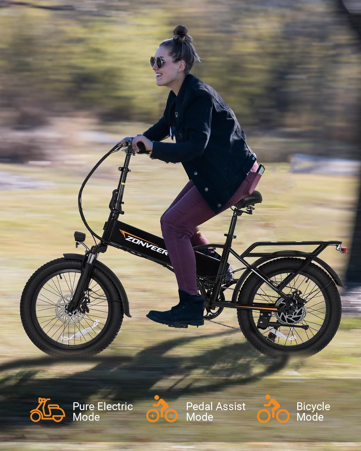 zonveer Folding Electric Bike, 48V 10.4AH Large Removable Battery E Bike, 28 MPH, 50 Miles Max Range, 20" Fat Tire Electric Bike for Adults, Adult Electric Bicycles for Commute