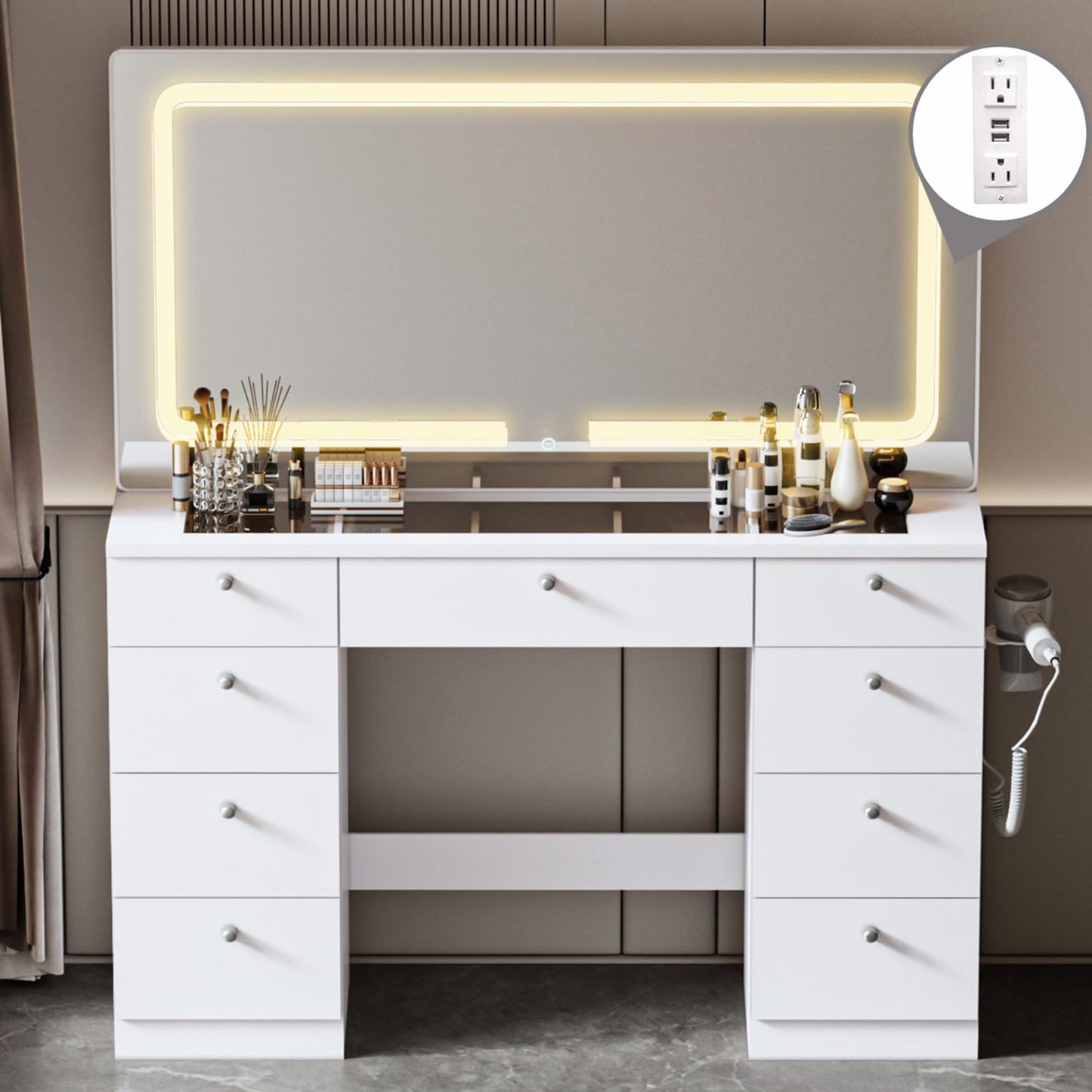 JassmiPkwy 46 INCH Makeup Vanity Desk with Mirror - Glass Tabletop Vanity Table with Lights, Drawers, Power Outlet, Large Storage Desk for Bedroom, White