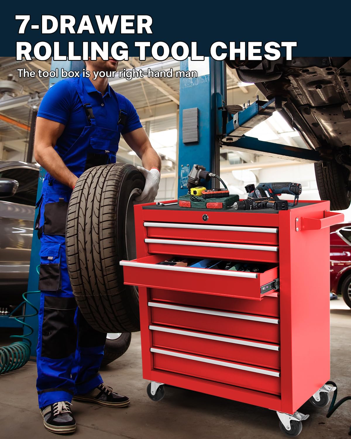 7-Drawer Rolling Tool Chest, Locking Removable Drawers Tool Cabinet with Stainless Steel Top & Brake Wheels, Heavy-Duty Garage Toolbox Cart for Home/Factory, Red